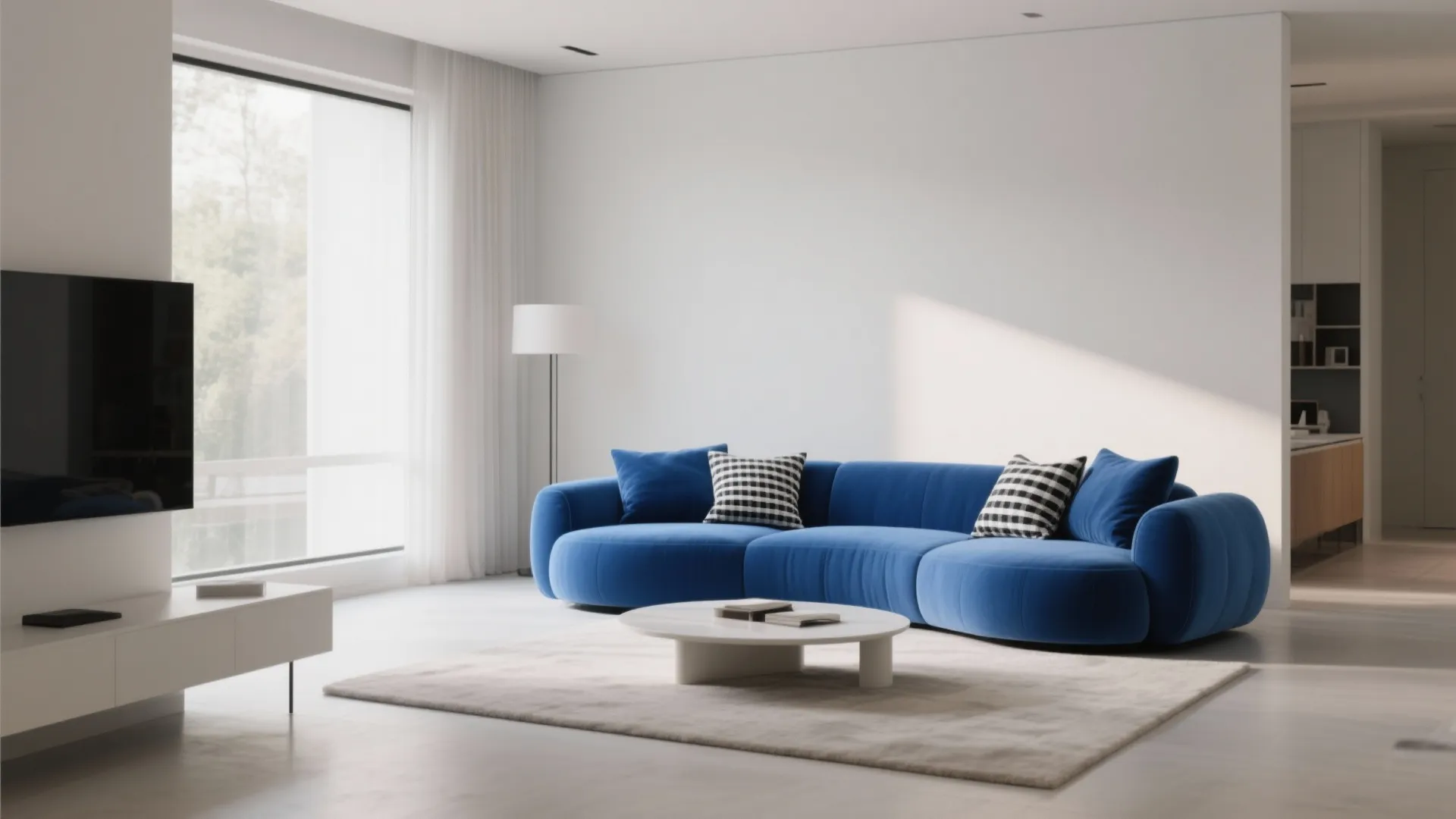 Cobalt blue curved sofa in a neutral living room