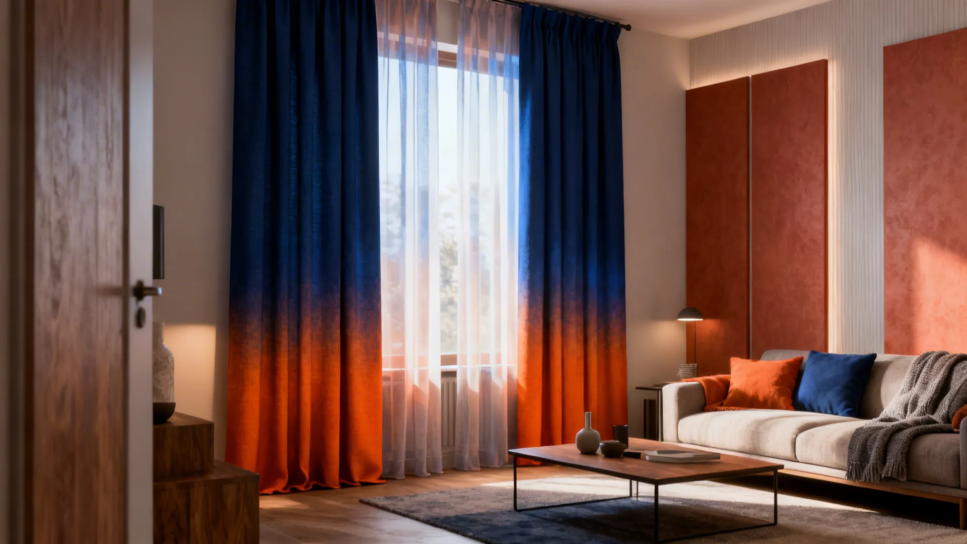 Modern living room with blue and orange ombre curtains next to sofa with colorful pillows