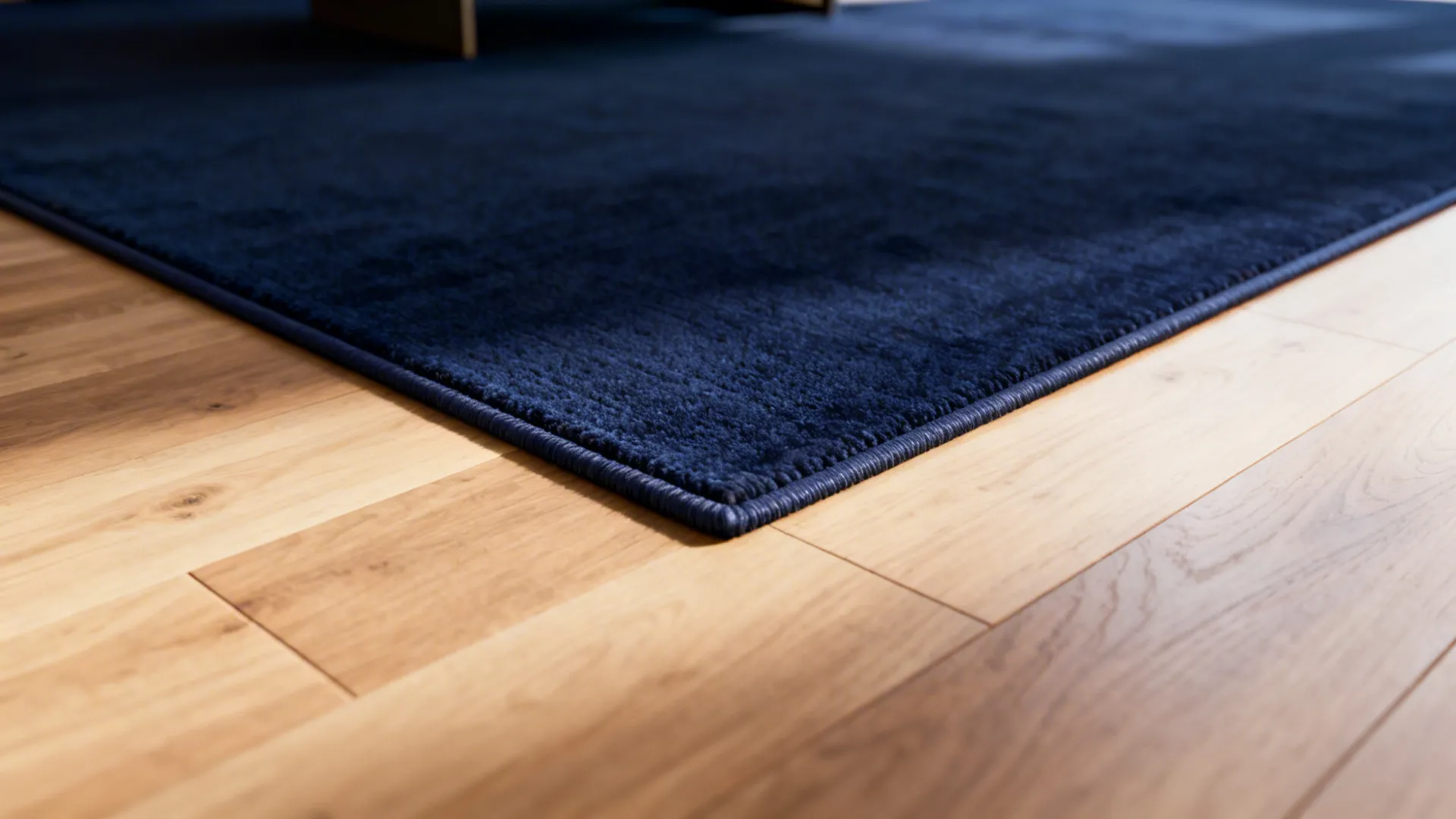 Close-up of a 10x13 rug creating an even border within a 12x15 room, showing precise placement.
