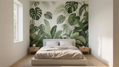 Tropical Bedroom Design with Botanical Wall Accent