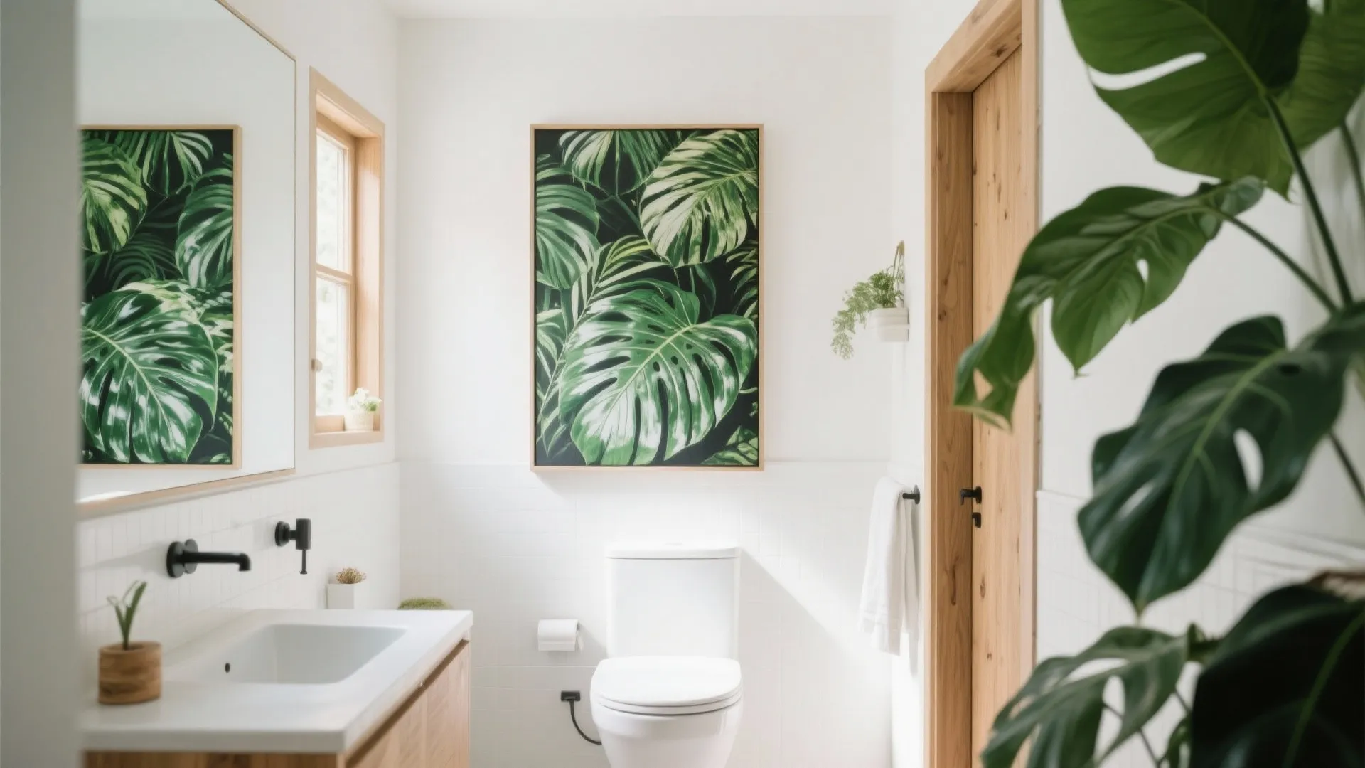 Minimalist white bathroom with large green leaf wall art and wooden door plus vanity sink