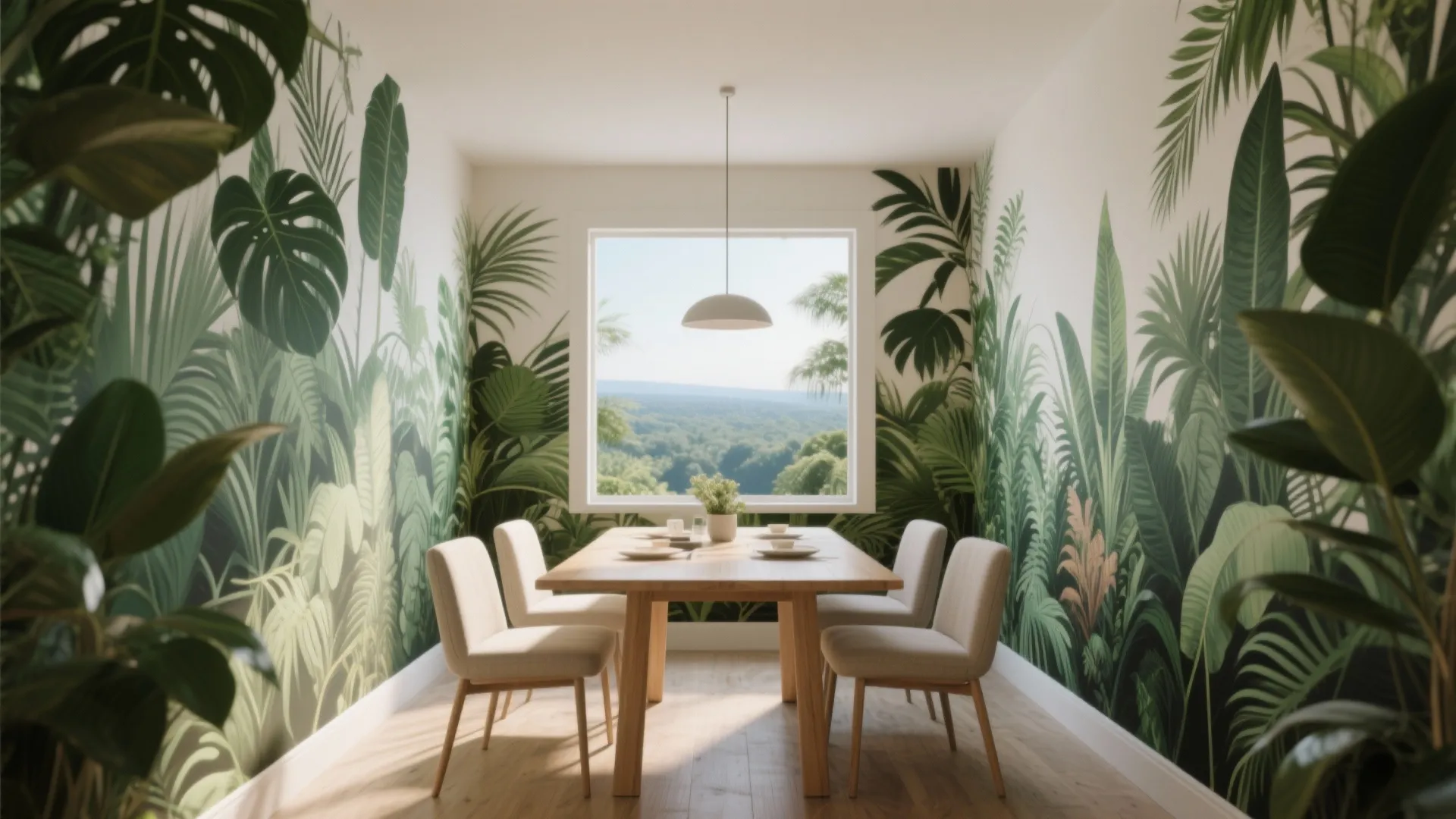 Modern dining room with large green leaf wall mural wooden table white chairs and forest views