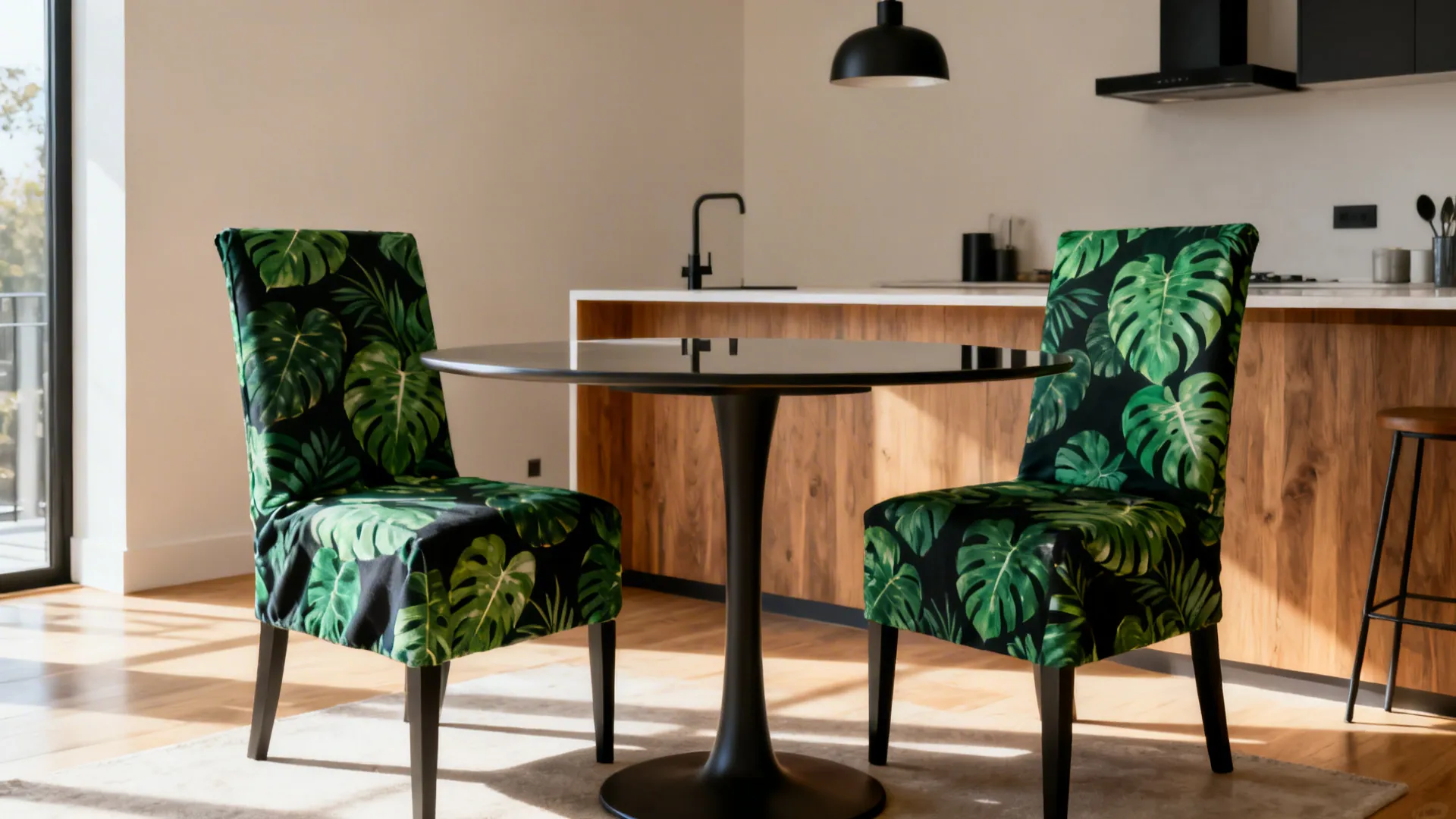 Open-plan studio dining area with deep green botanical seat covers anchoring a small round table.