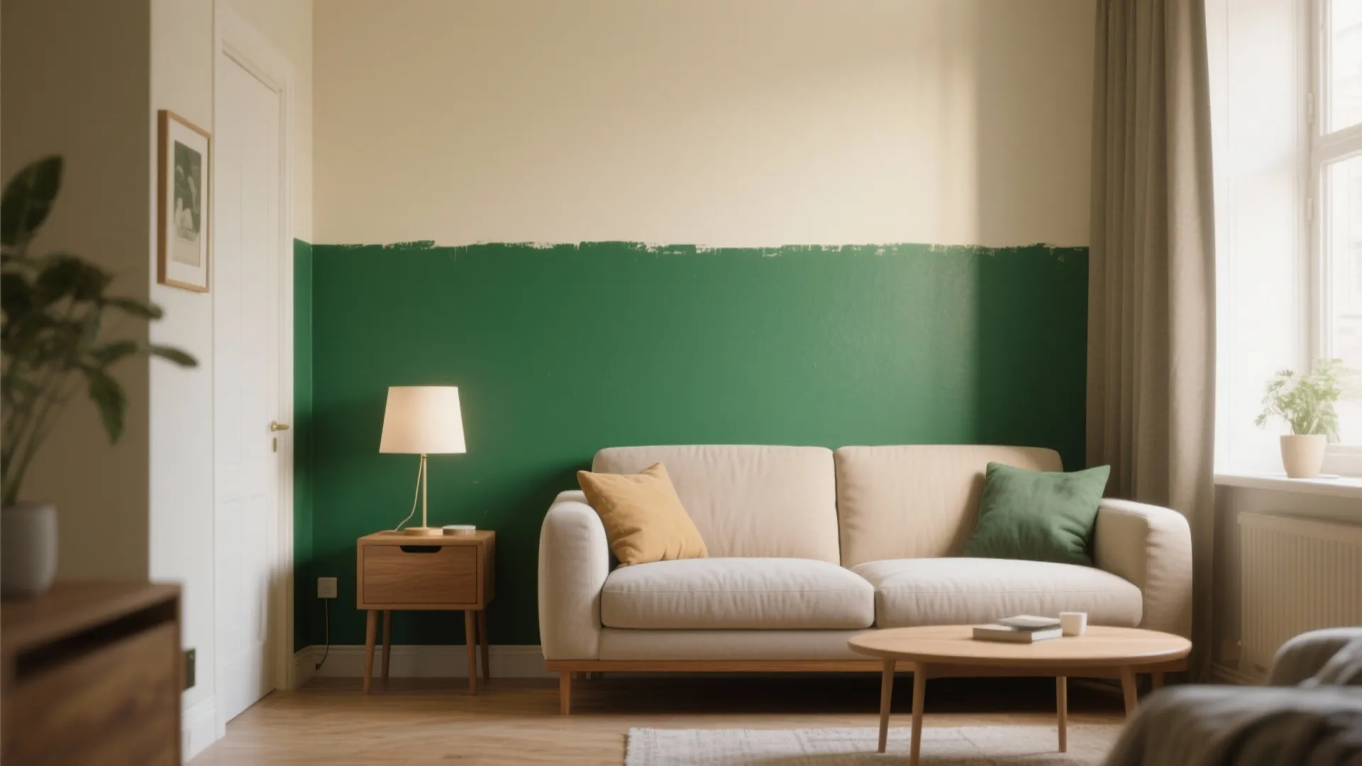 Small living area with a saturated emerald lower wall and neutral top, sofa aligned to the dividing line.