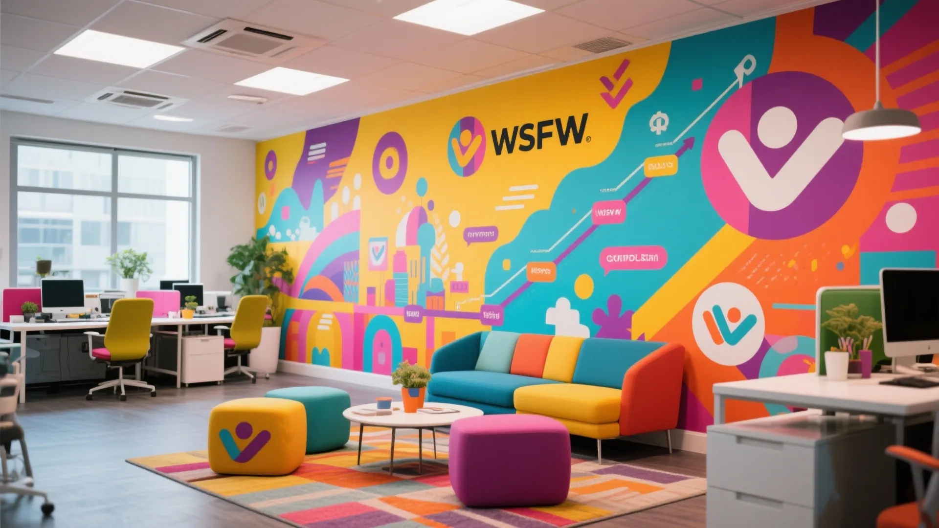 Colorful office waiting area with bright wall mural multicolored sofa footrest and patterned floor carpet