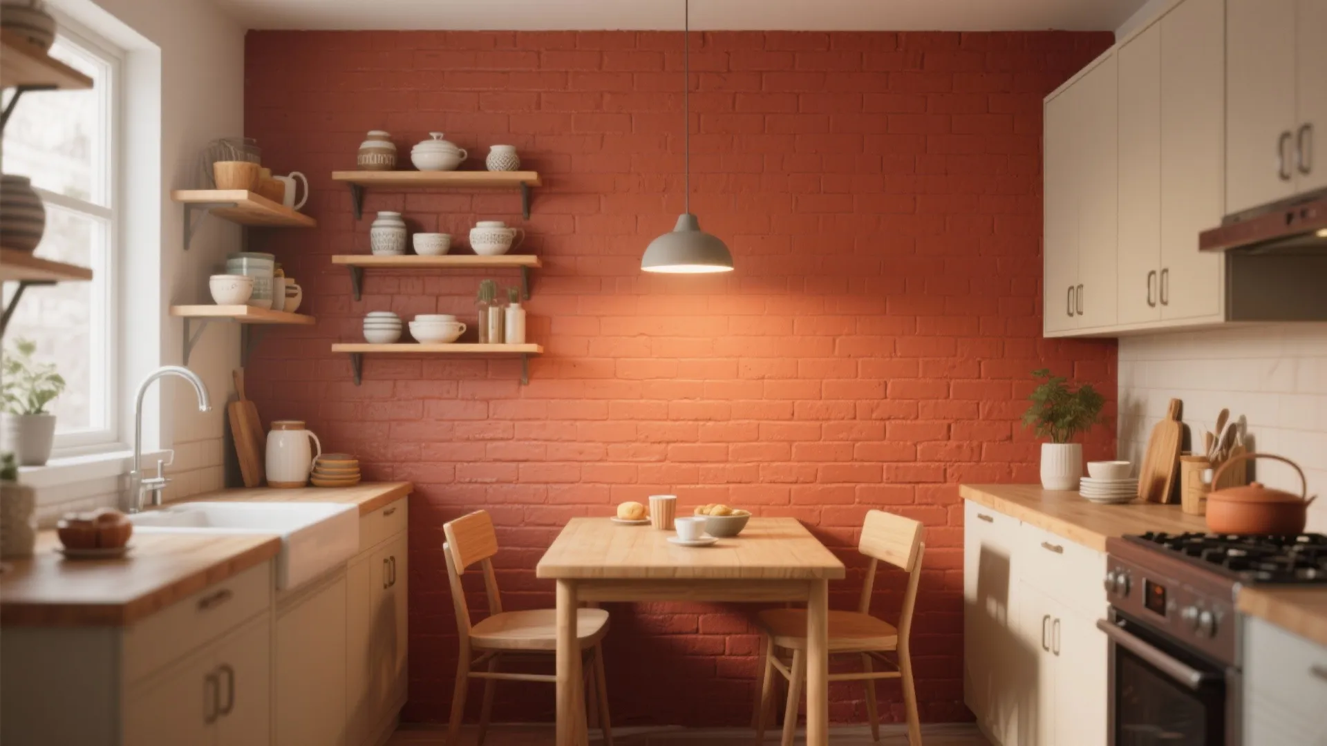 Kitchen with red brick wall small wood table two chairs grey hanging light and white cabinets