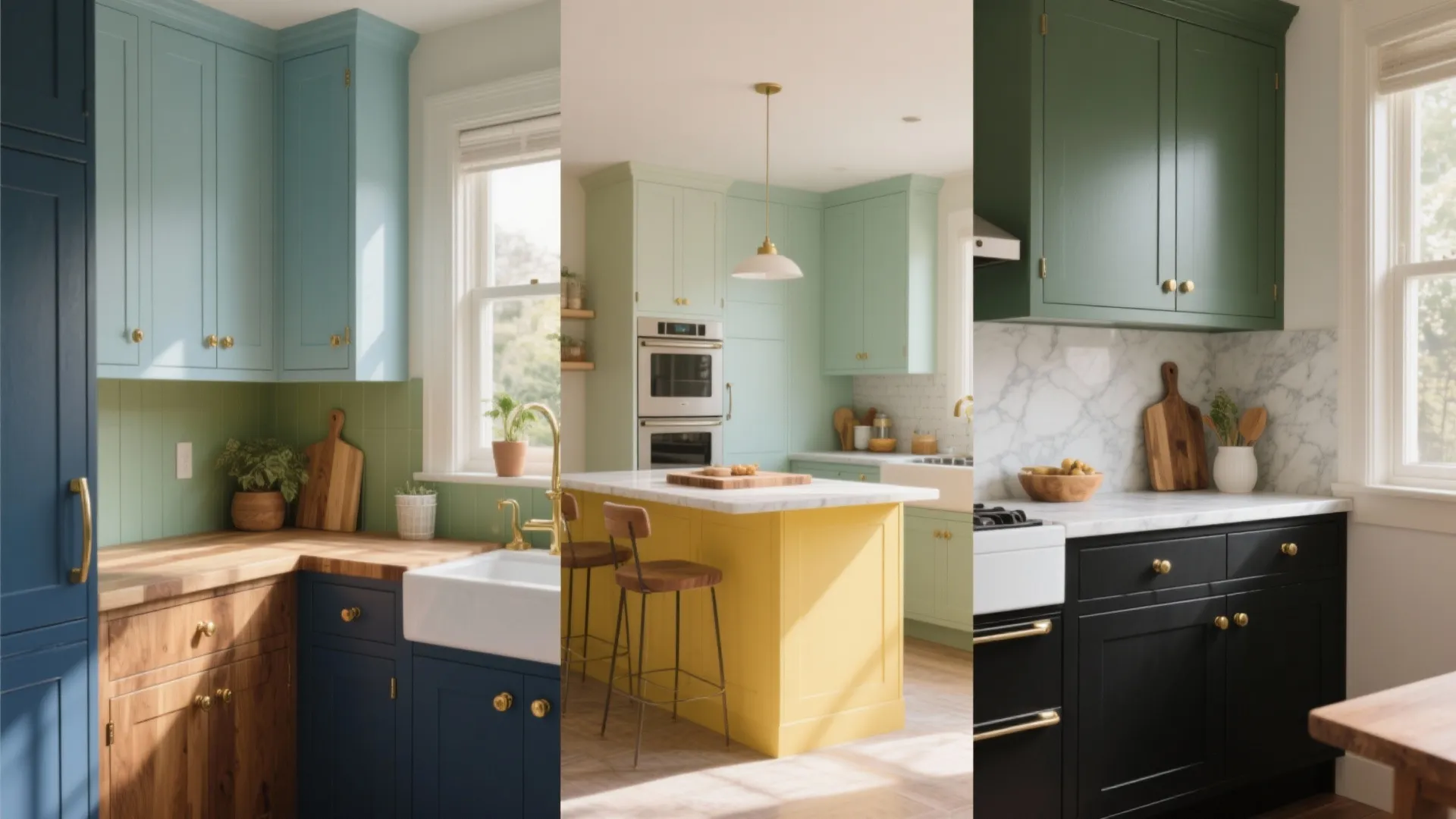 Three different kitchen designs showing blue green and black cabinets with colorful island and stools