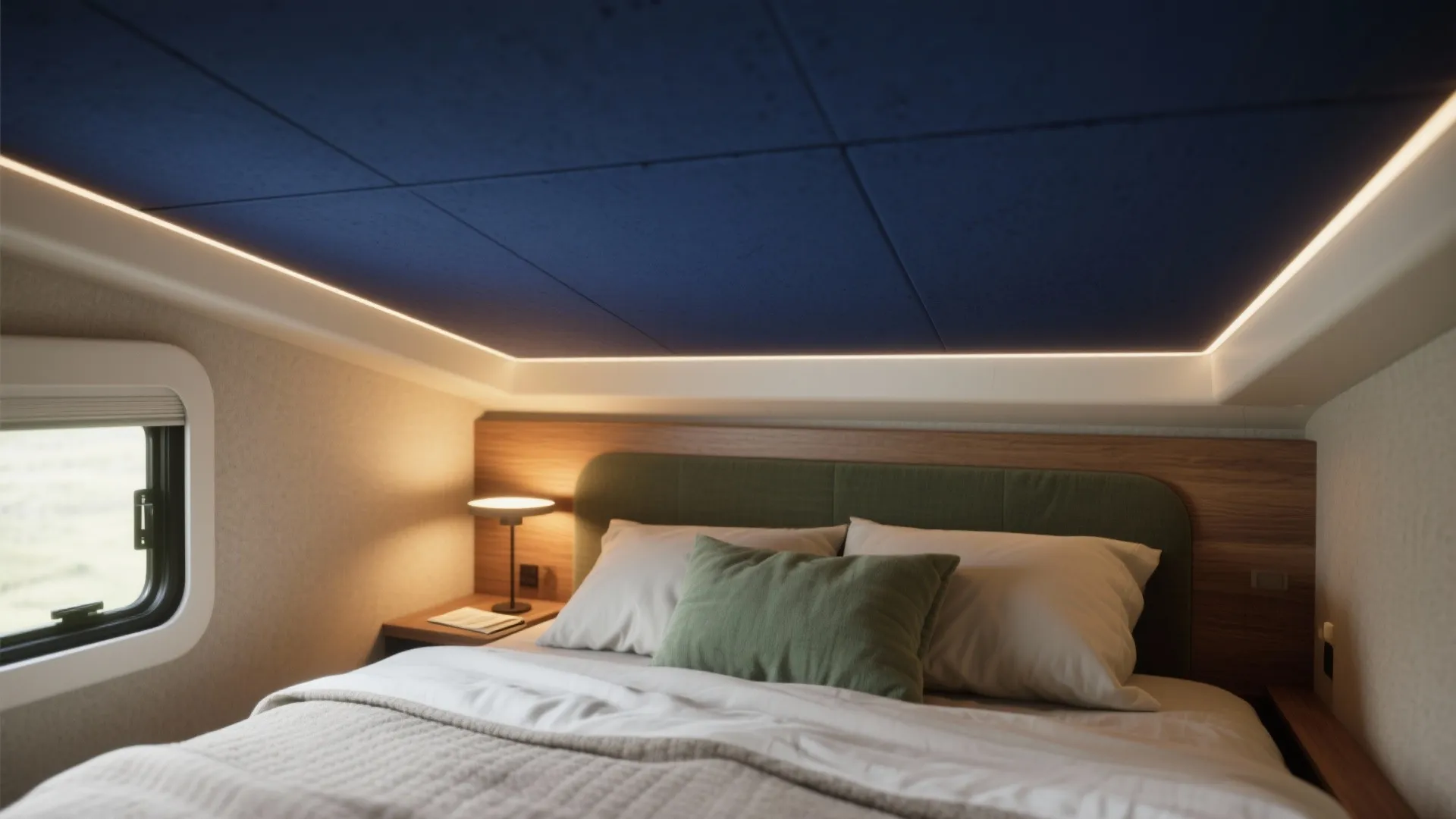 Cozy bedroom interior with dark blue ceiling panel light fixture wooden headboard and soft white bedding