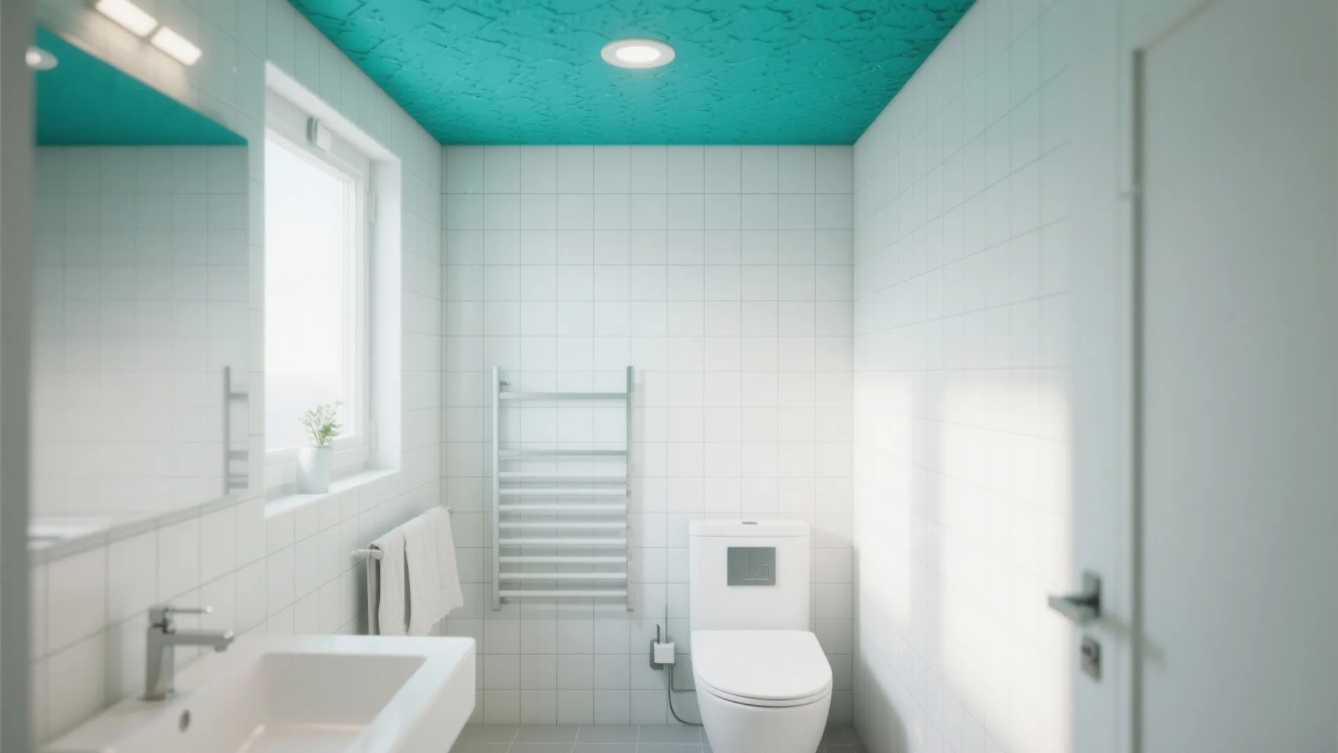 Modern bathroom with white tiles, bright turquoise ceiling, white toilet, sink, and heated towel rack