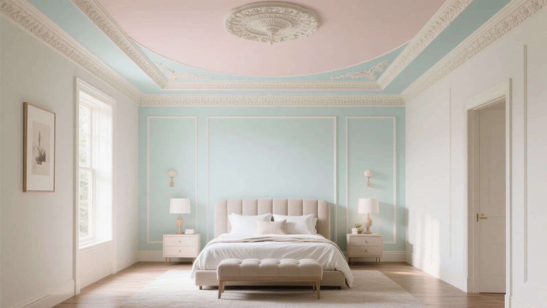 Bedroom with decorative pastel ceiling and molding