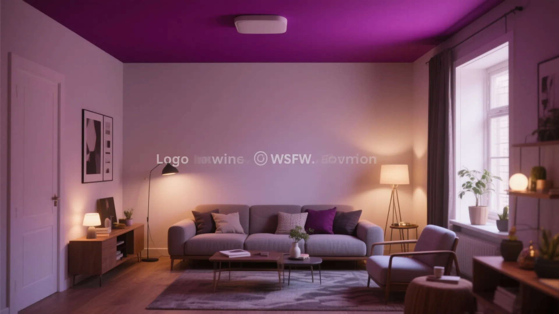 Contemporary living room with purple painted ceiling grey sofa and warm floor lamp lighting effects
