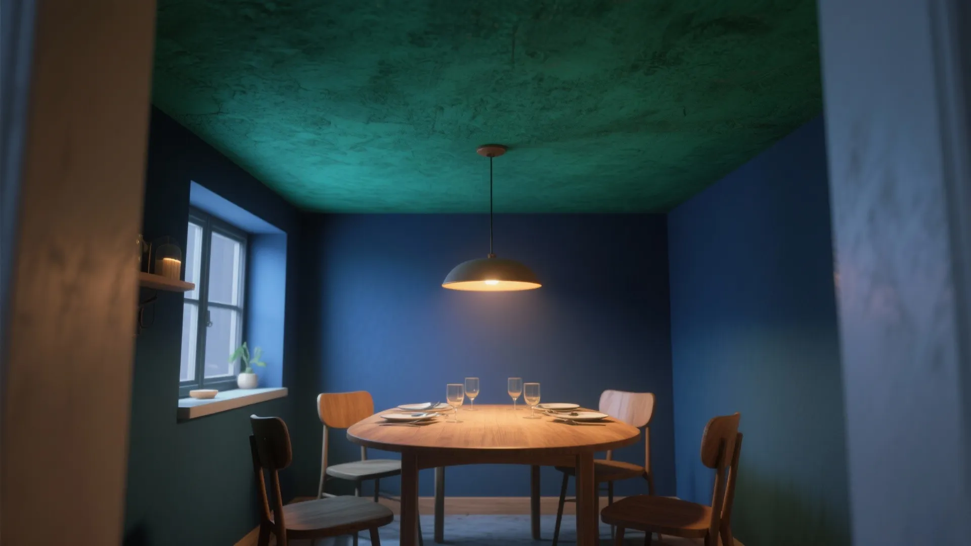 Dining nook with a bold navy ceiling, warm pendant light and wooden table creating an intimate mood.
