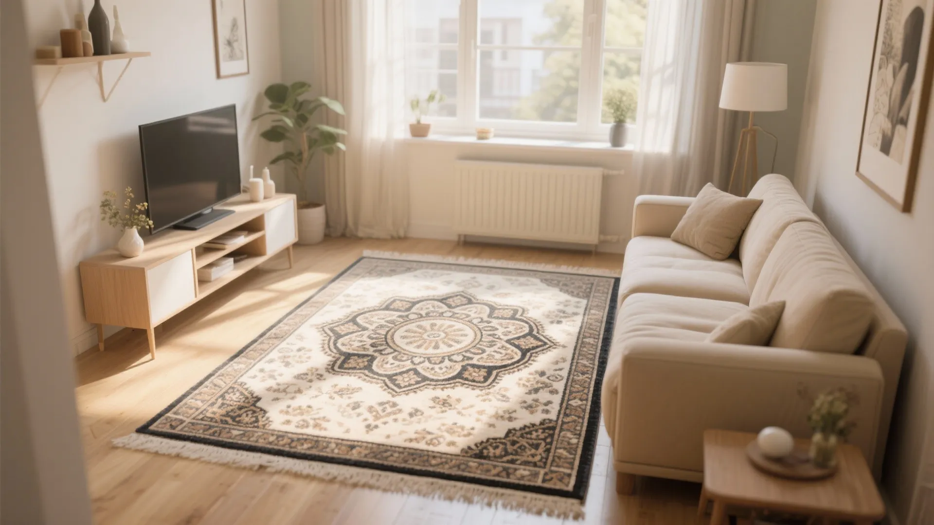 Small living room with bold medallion pattern rug as focal point