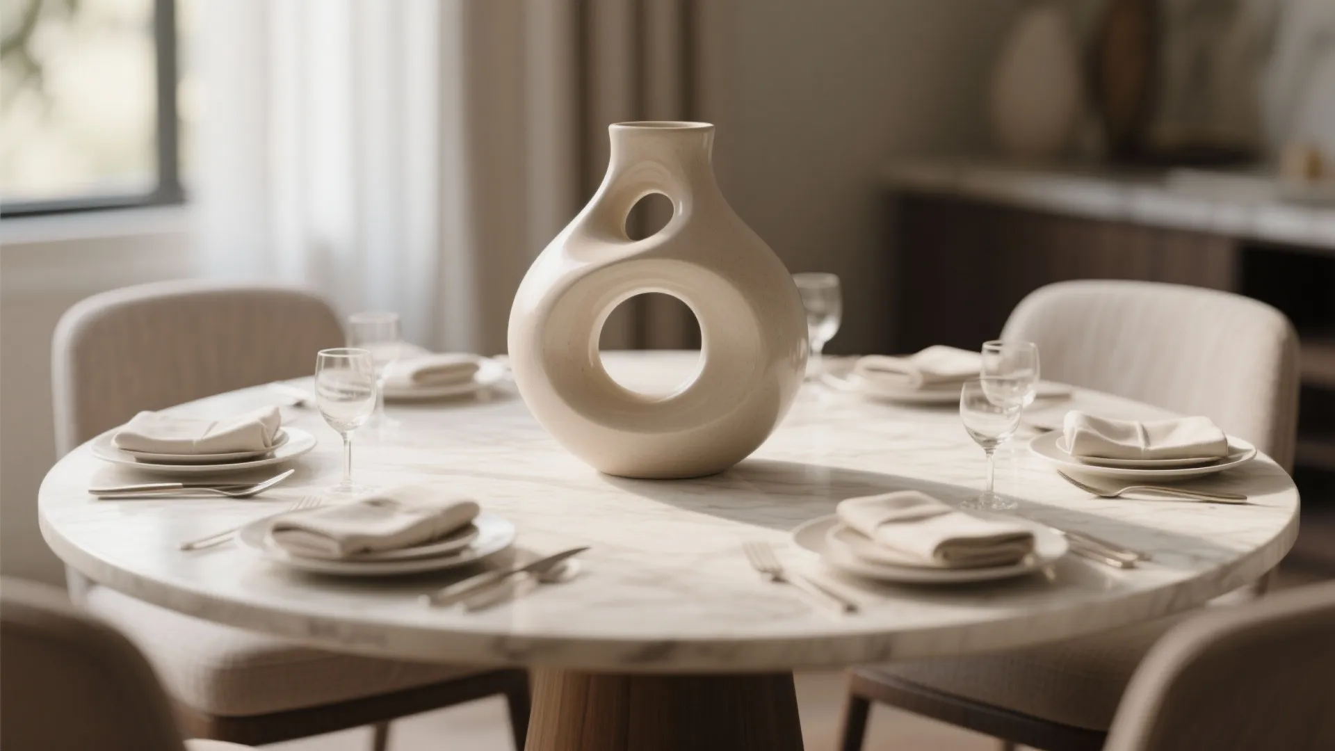 Bold ceramic sculpture centerpiece on a round dining table