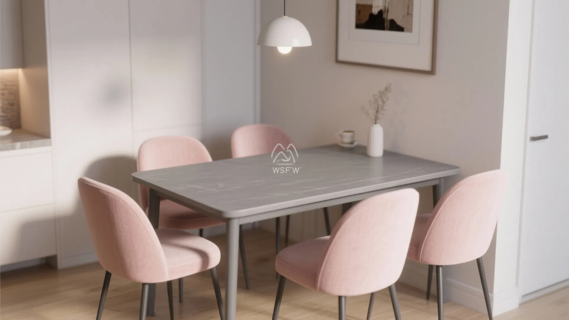 Modern dining area with a grey marble table four pink chairs and a white lamp