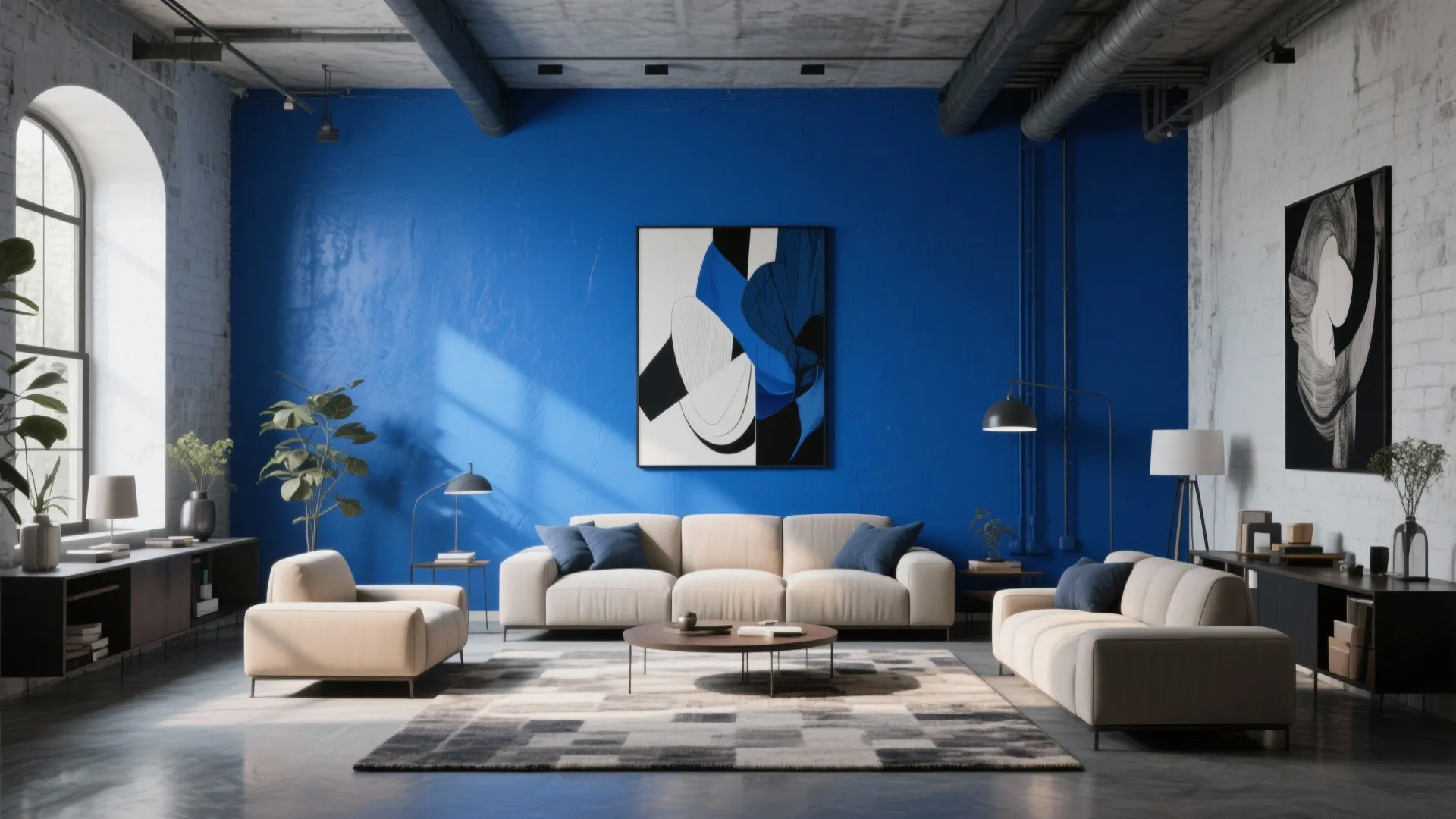 Modern loft with cobalt blue feature wall and simple decor