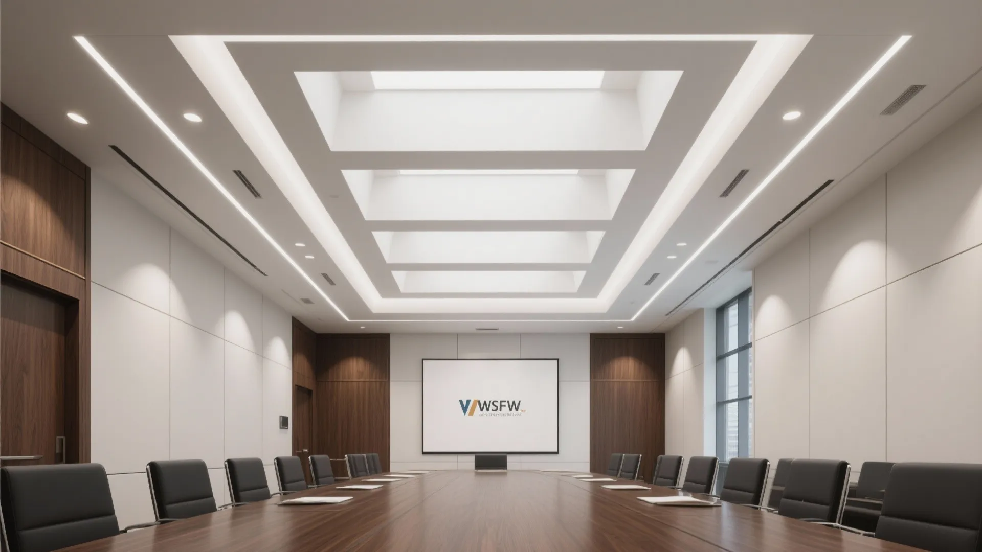 Professional boardroom with a tiered white ceiling design and dark wood table and wall panels