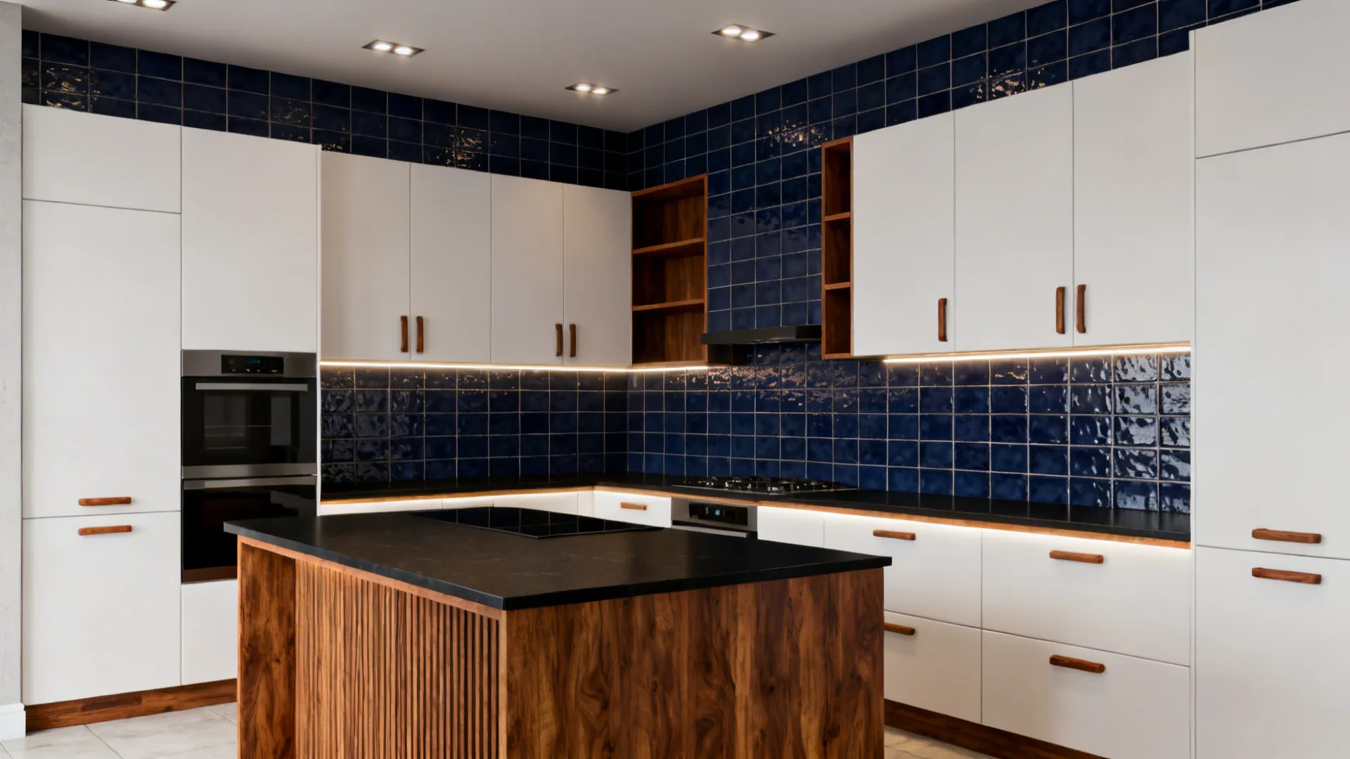 Modern kitchen featuring dark blue wall tiles white cabinets wooden island and black stone countertops
