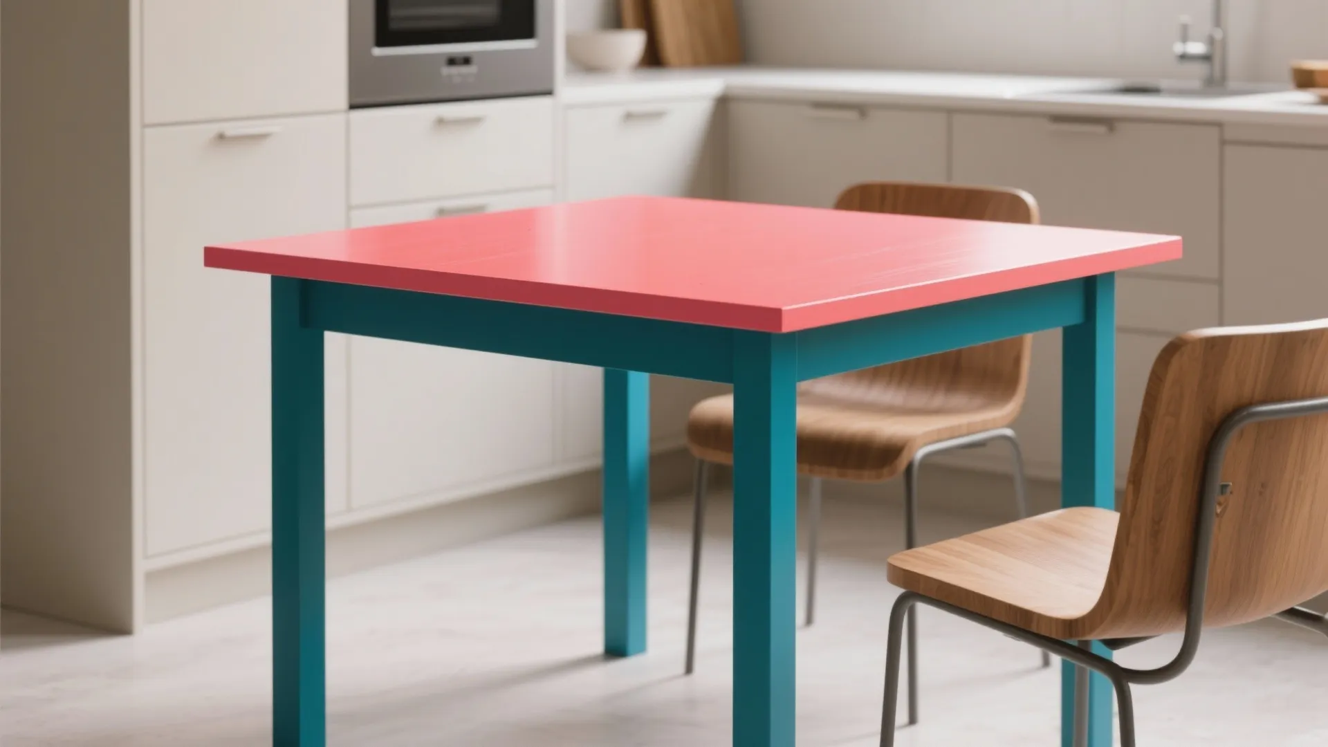 Modern dining table with pink top and blue legs inside a clean minimalist white kitchen area