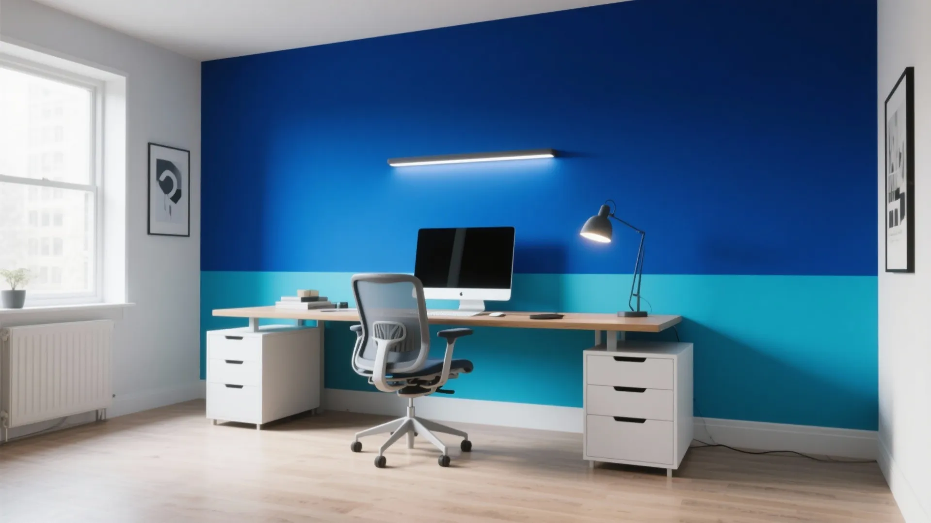 Minimalist office with blue and teal wall, wooden desk, white drawers, chair, and desktop computer
