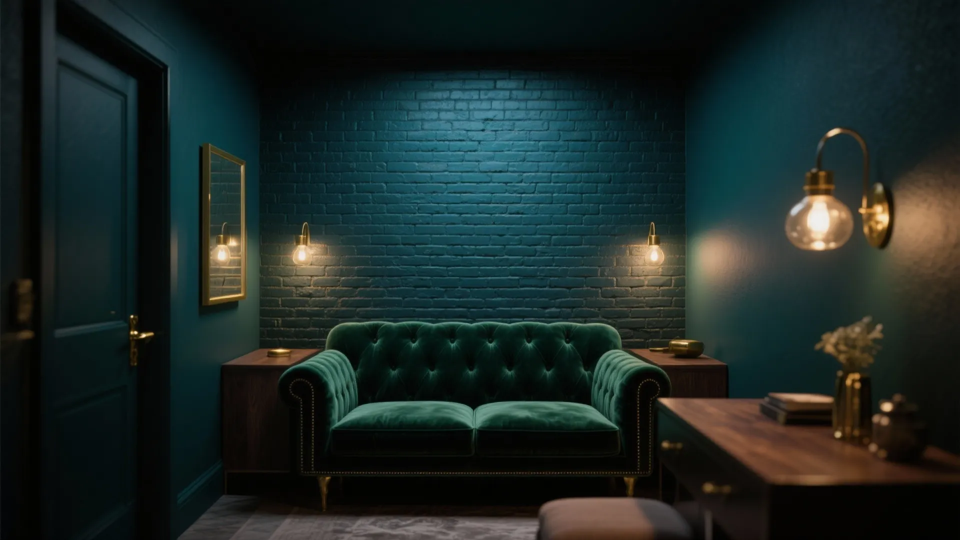 Dark teal room with green velvet sofa, blue brick wall, warm wall lights, and wooden