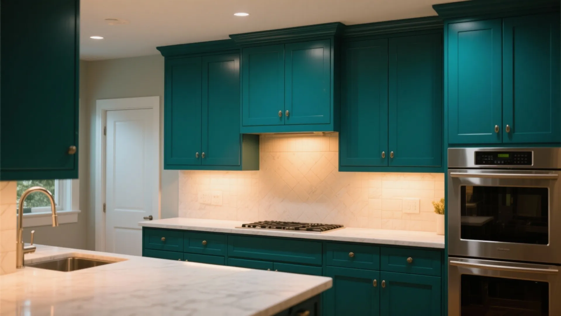 Modern kitchen with dark teal cabinets marble countertops stainless steel double oven and white tiled walls