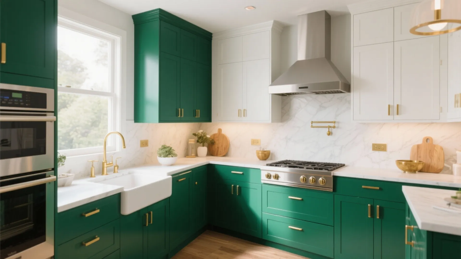Modern kitchen with green lower cabinets white upper cabinets marble backsplash gold faucet and wood floor