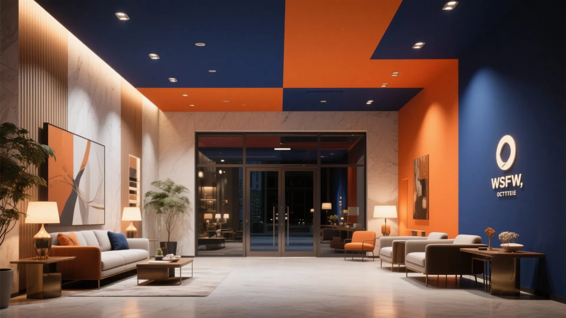 Bold color blocked ceiling adds personality to lobby
