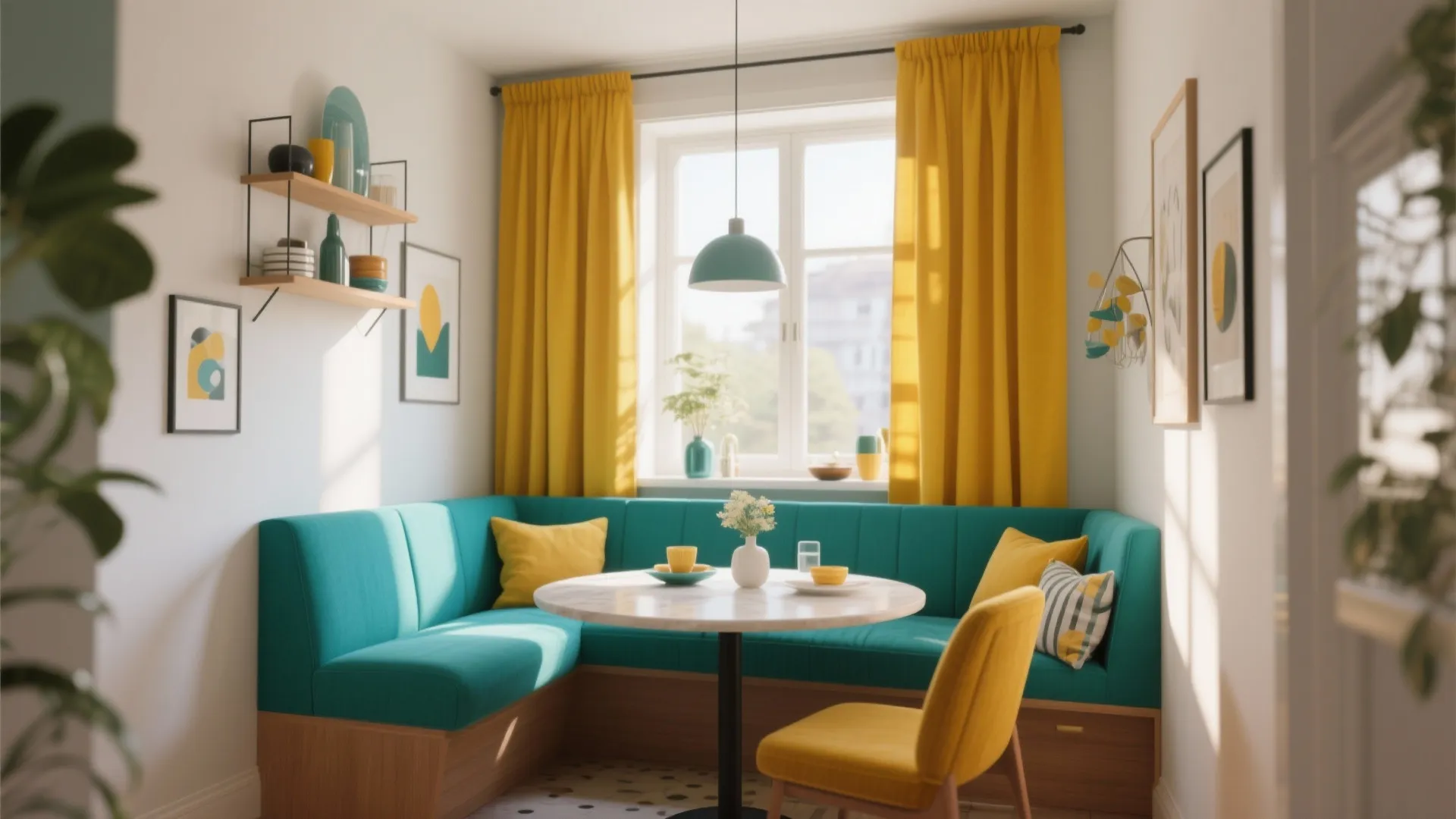 Small dining nook with mustard and teal color blocked curtains