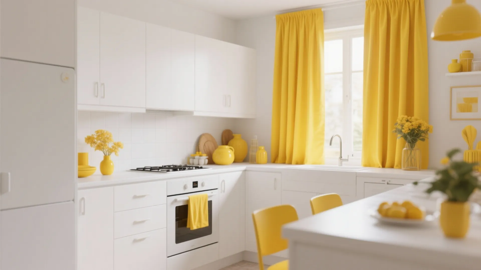 Bold mustard yellow curtains brighten a white kitchen