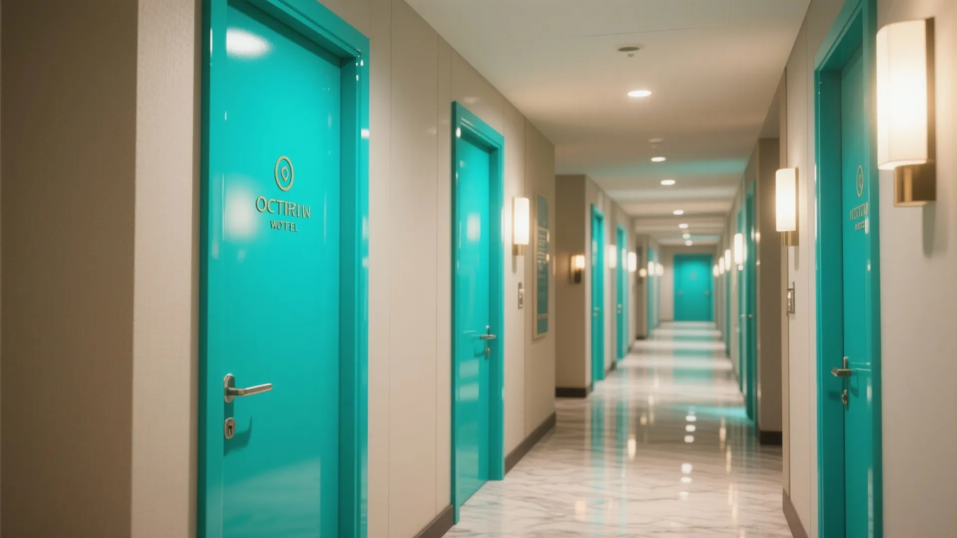 Bright blue hotel doors along a modern white hallway with marble floor and simple wall lights