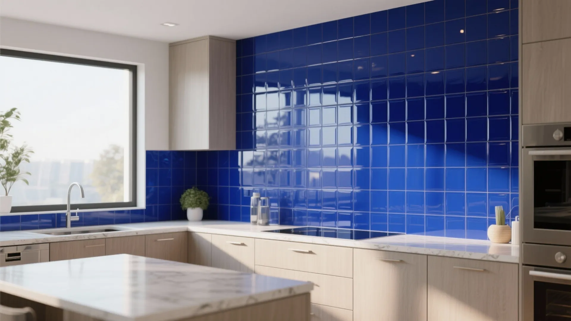 Deep cobalt blue glass backsplash adding color to a modern kitchen