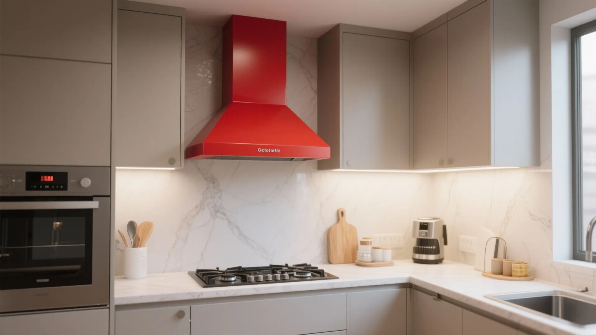 Modern kitchen with grey cabinets white marble wall bright red vent hood and gas stove