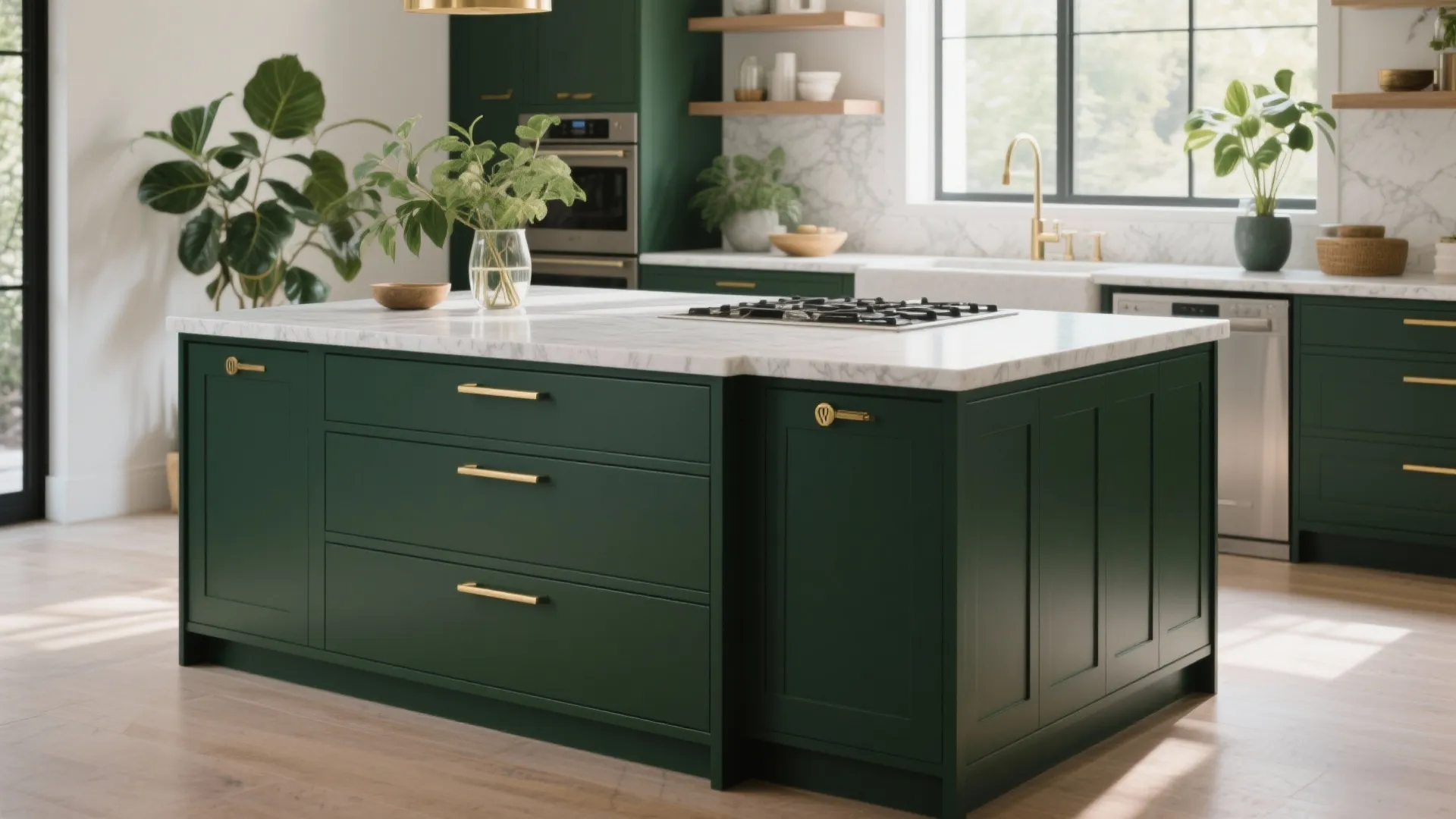 Modern kitchen featuring a deep green island with marble countertop gold handles and white cabinets