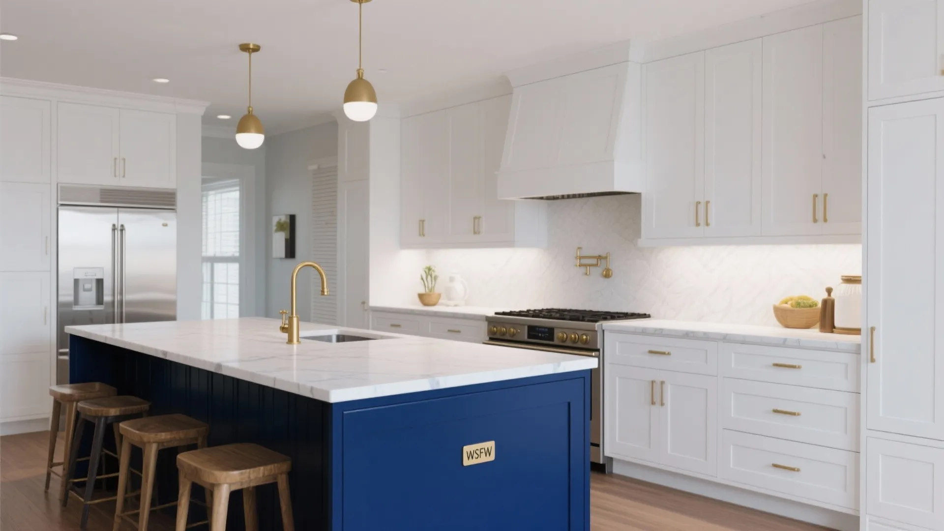 Navy blue kitchen island contrasting with white cabinetry