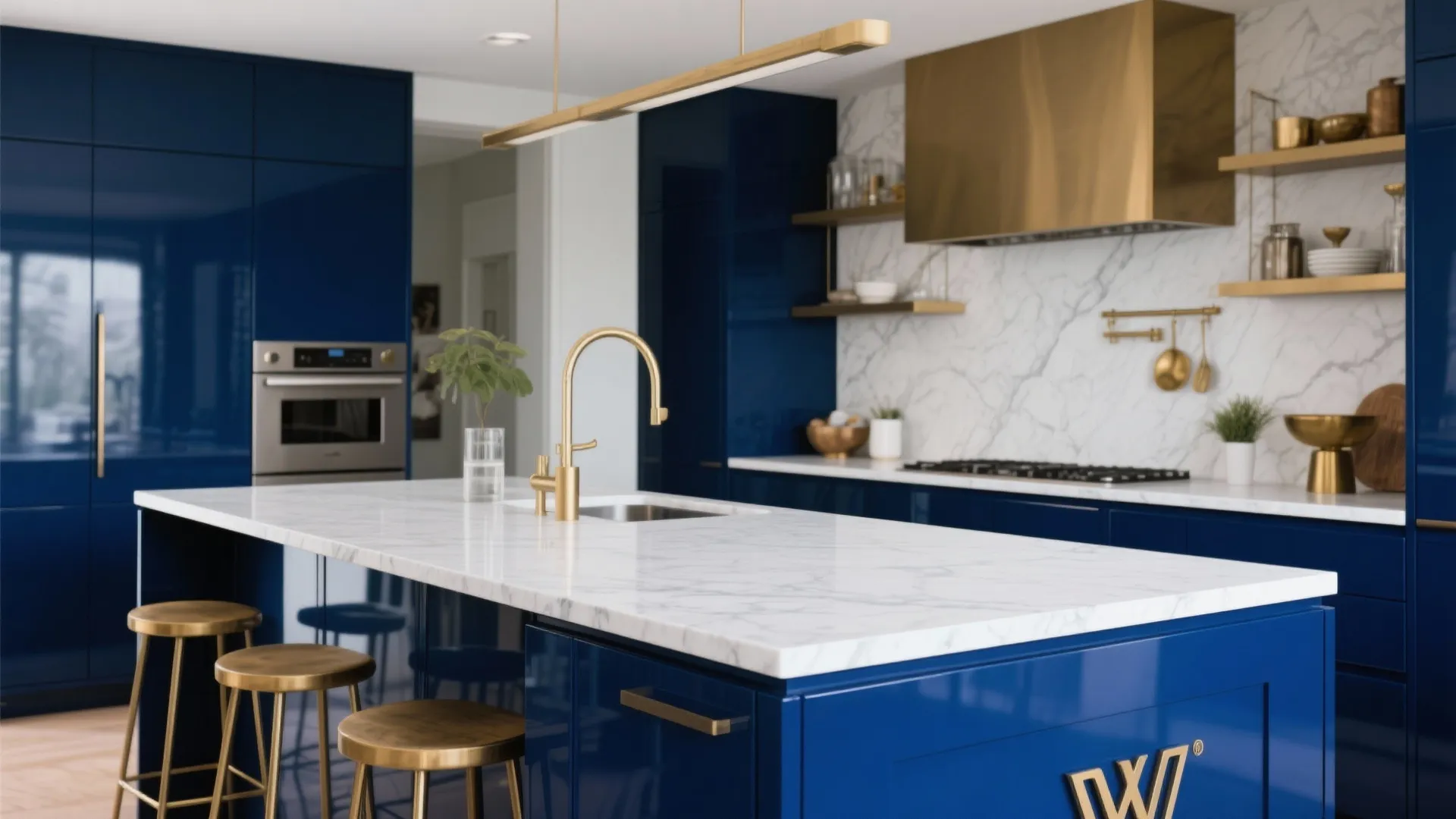 Modern kitchen with blue cabinets marble island gold faucet gold stools and gold ceiling light