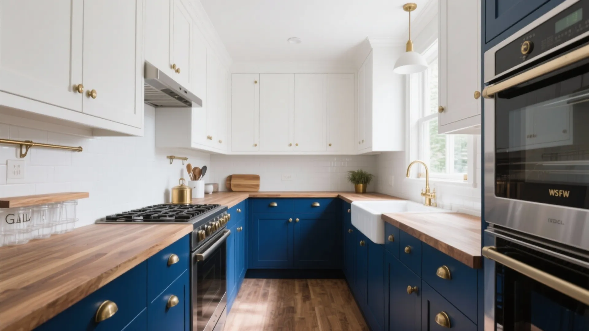 Modern kitchen featuring navy blue lower cabinets white upper cabinets wooden countertops and a gas stove