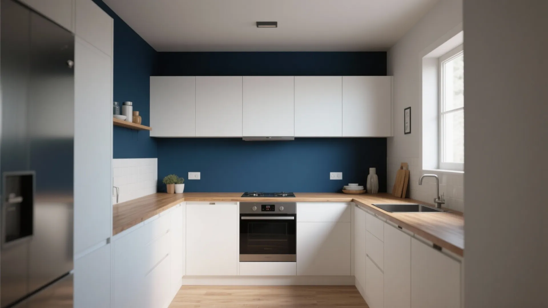 U-shaped kitchen design with dark blue walls white cabinets wooden countertops and a built-in oven