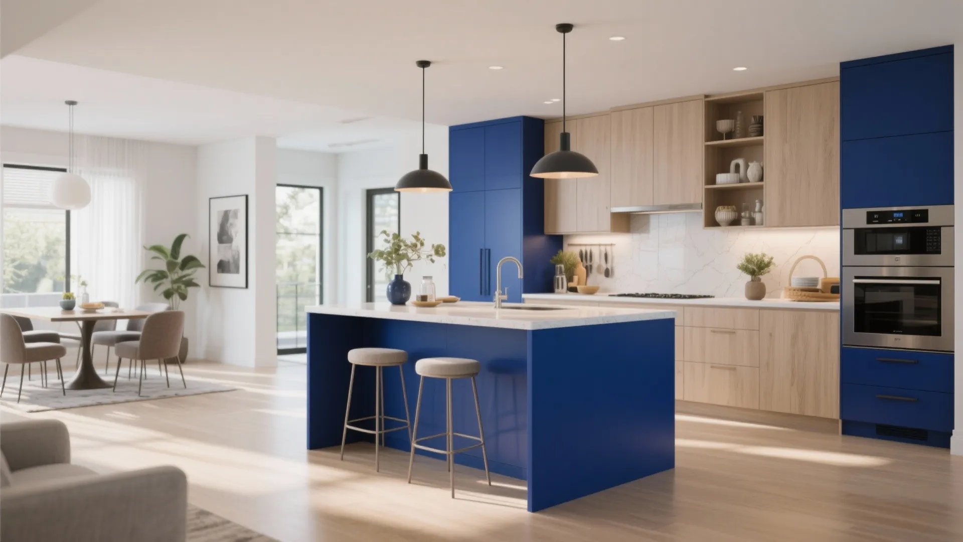 Modern kitchen with blue island, light wood cabinets, black ceiling lights, and white marble countertops
