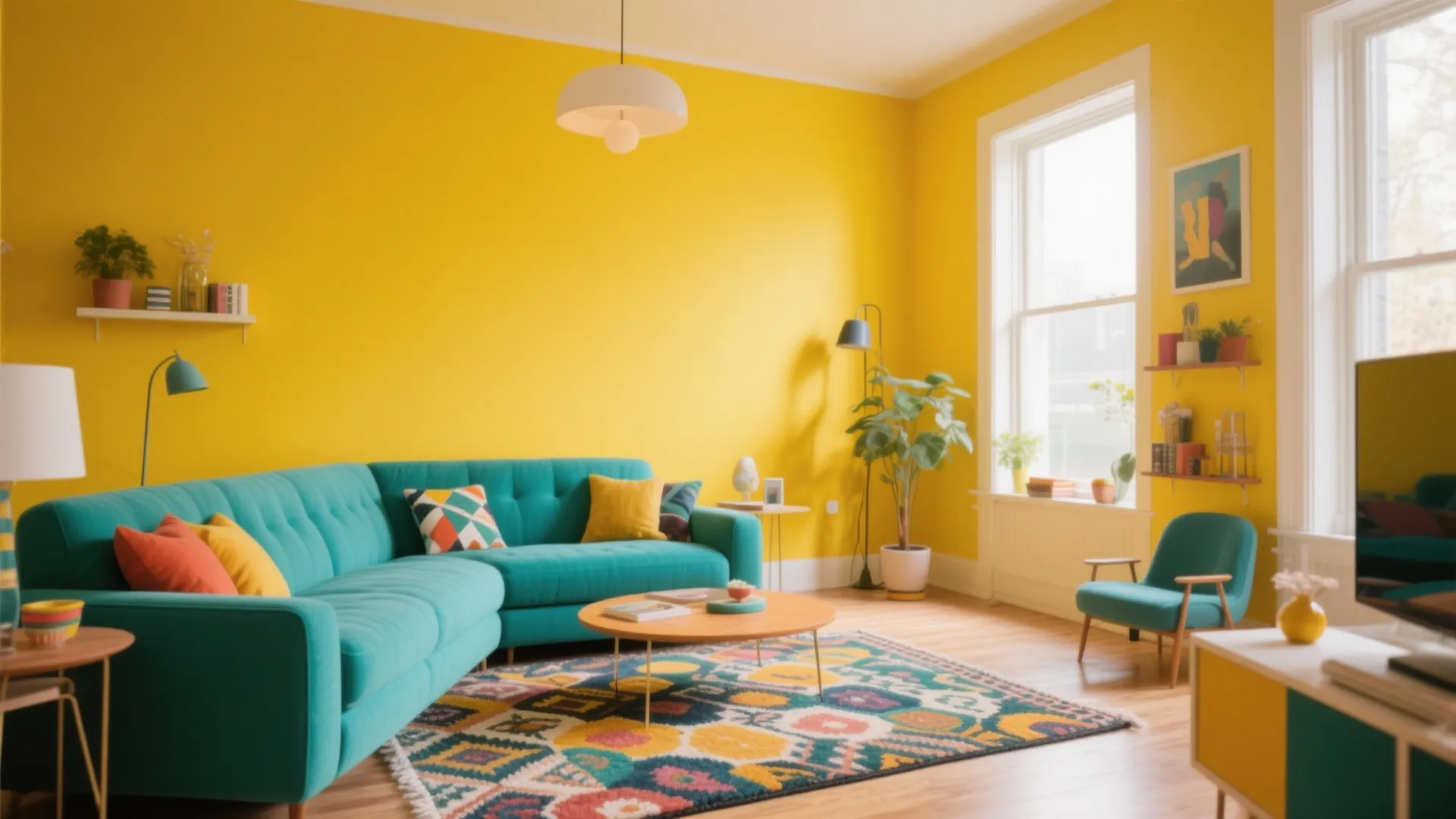 Modern living room with bright yellow walls teal corner sofa colorful rug and white ceiling light