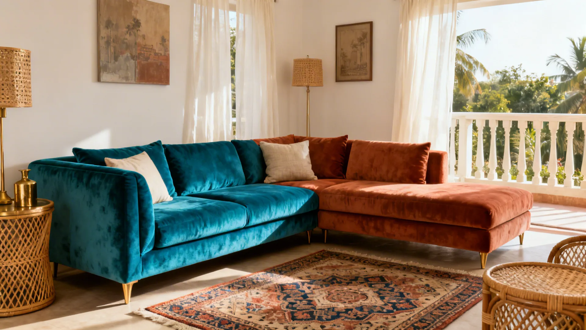 Statement peacock-blue L-shaped sofa in an Indian living room with neutral walls and brass accents.