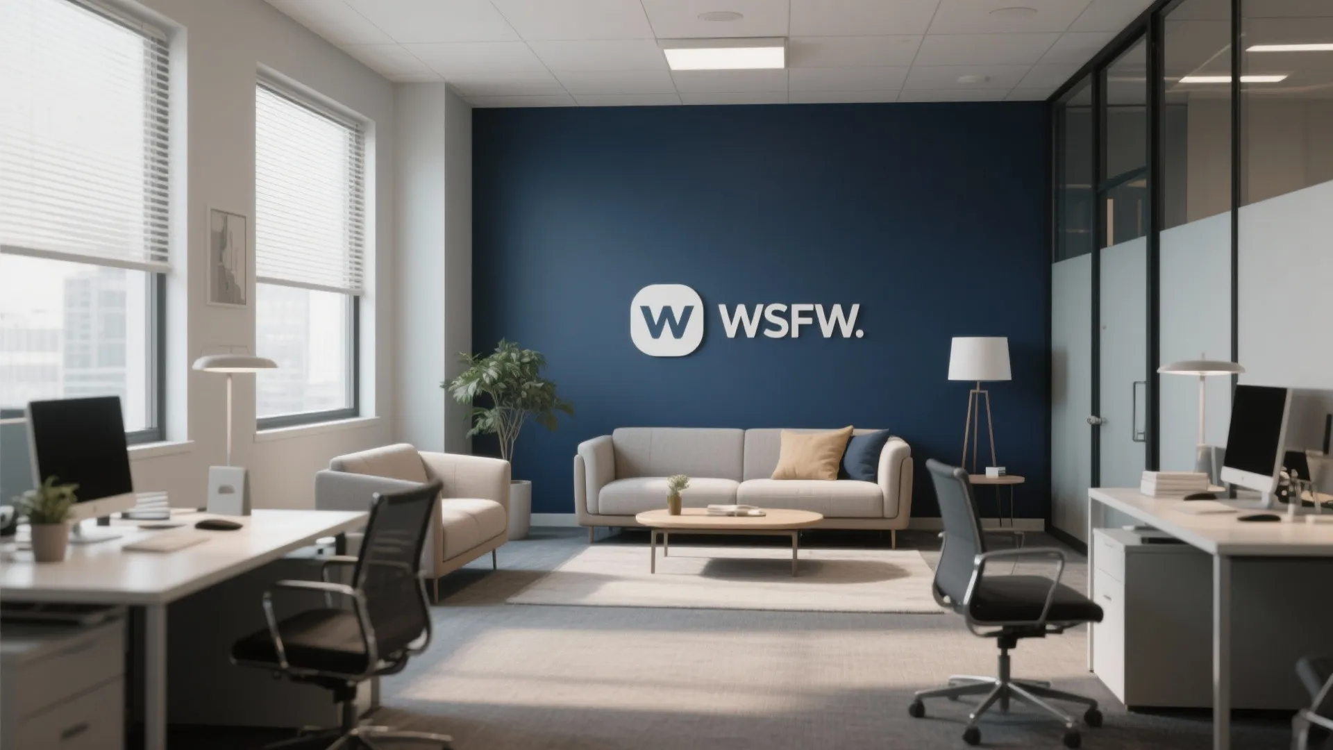 Office with navy accent wall and neutrals creating a cozy professional feel