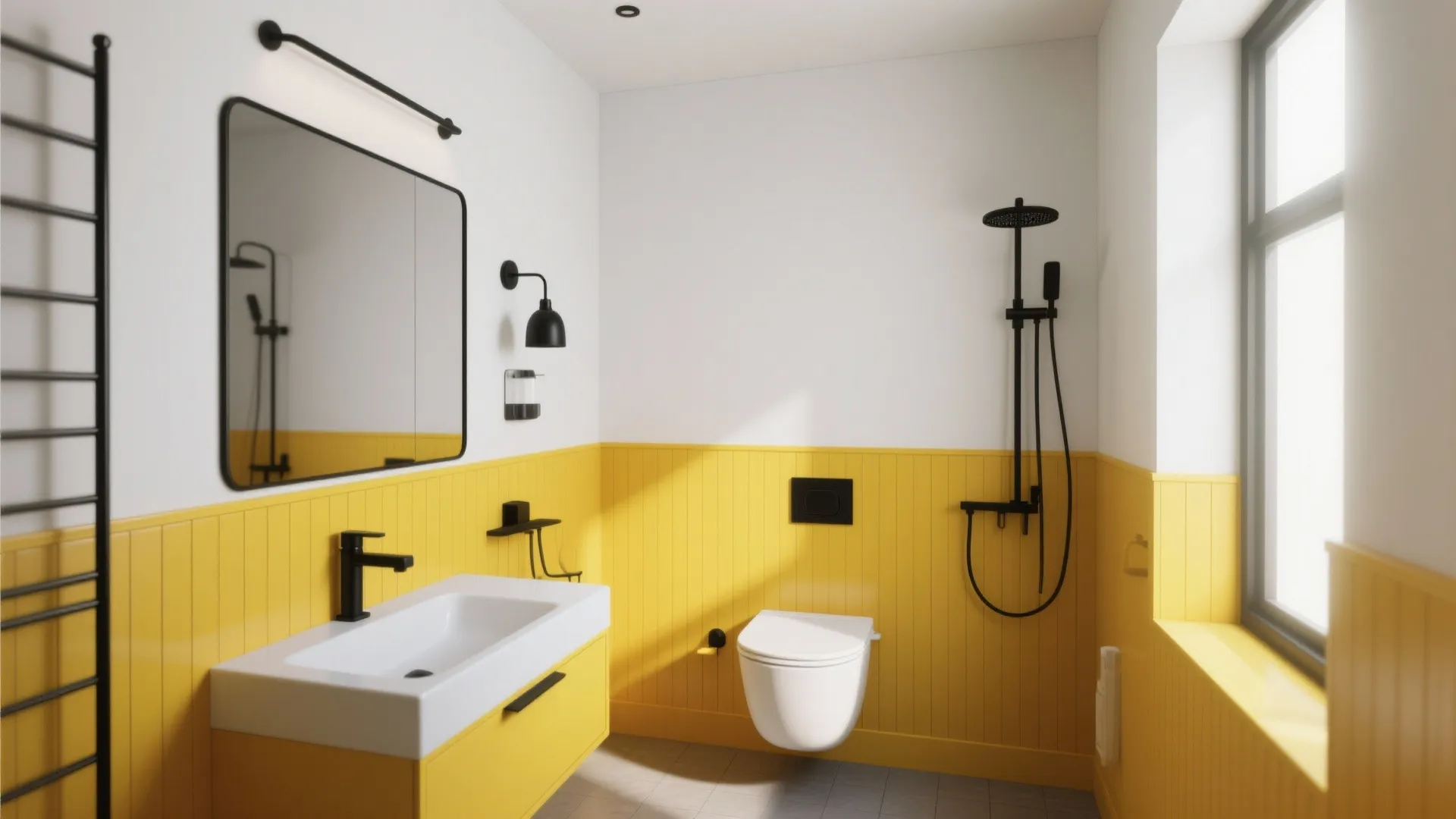Modern bathroom featuring yellow wall panel, white sink, black shower fixture, mirror, and natural light