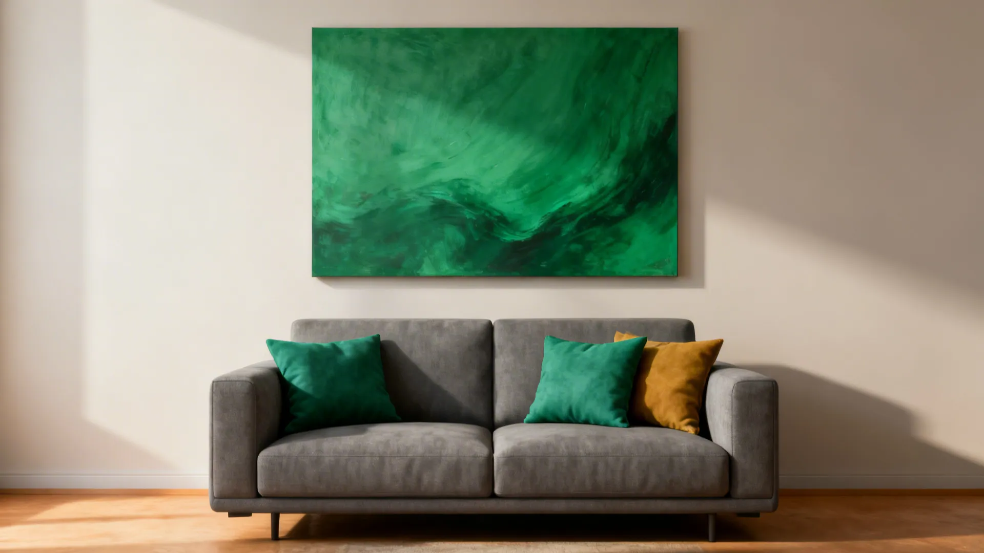 Living room with grey sofa plus green pillows and large green painting on white wall
