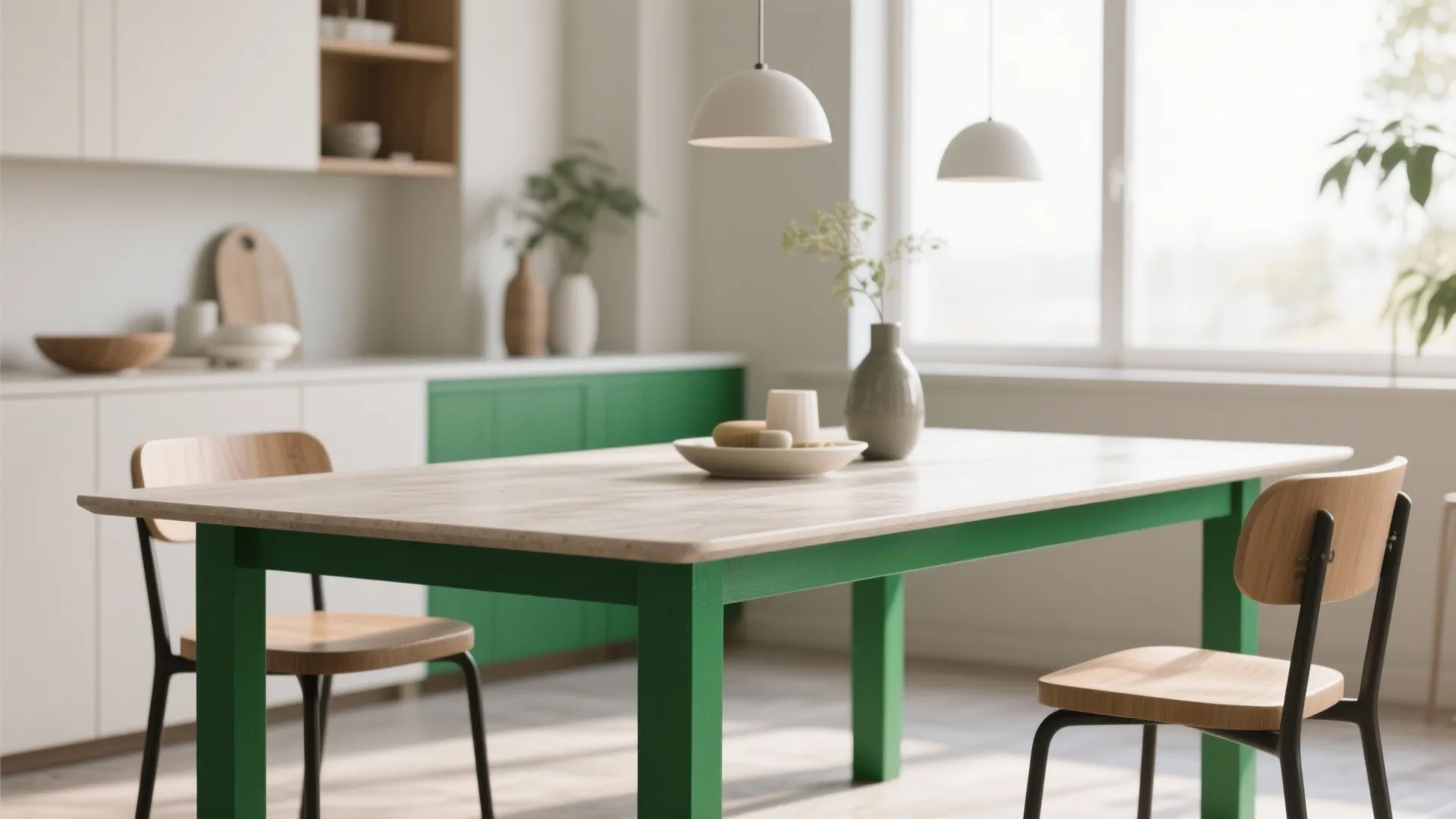 Contemporary dining table with light wood top and green frame with matching wooden chairs indoors