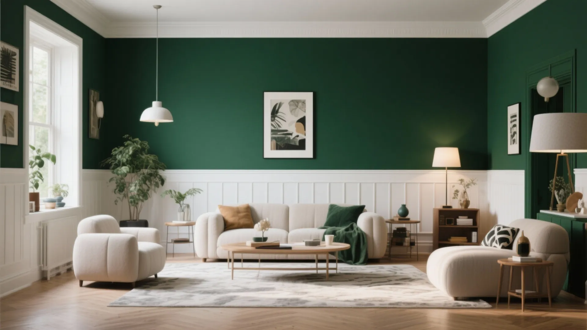 Modern living room featuring dark green walls white wall panel cream sofa and ceiling light
