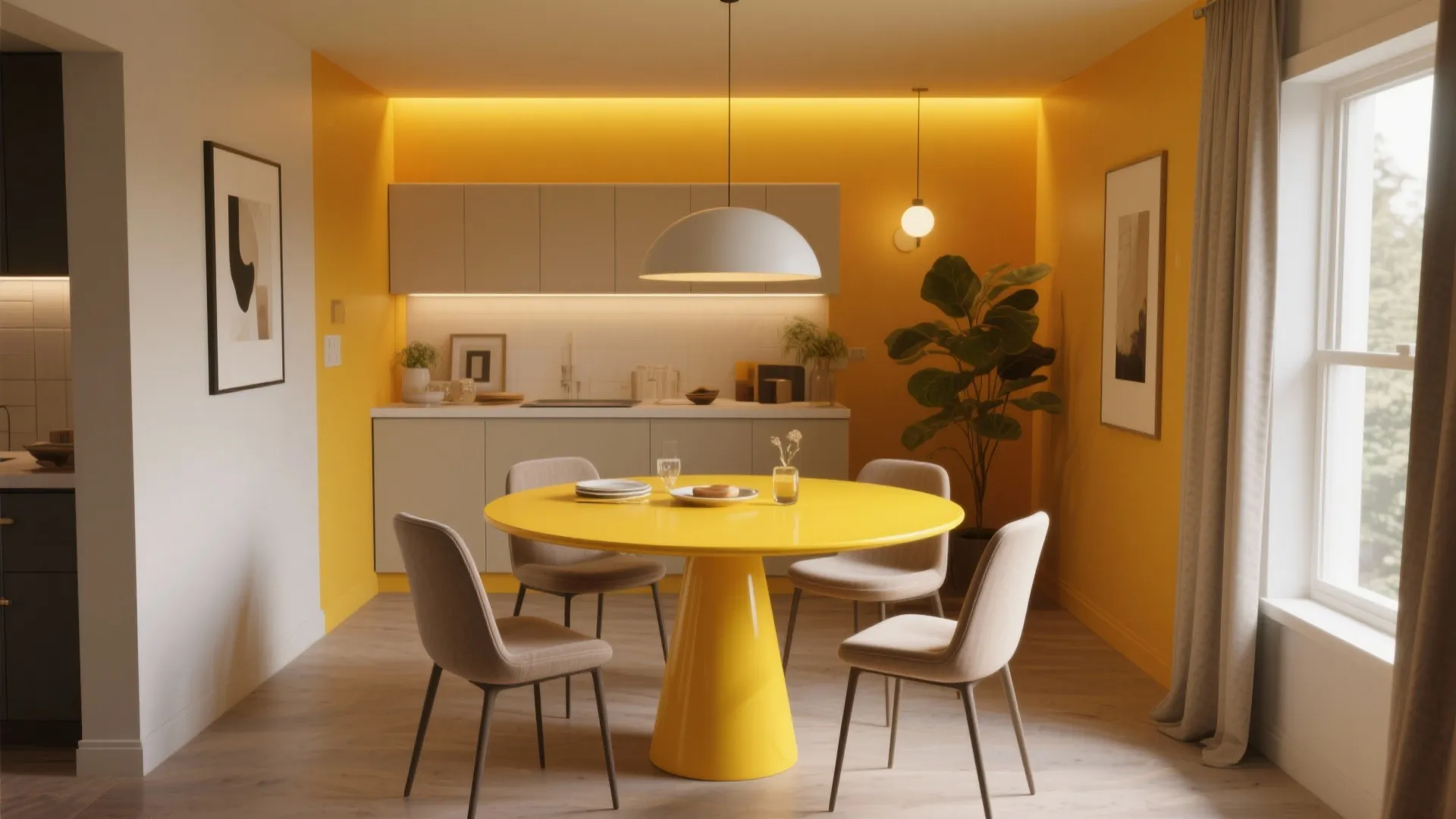 Modern kitchen with bright yellow walls featuring a matching yellow round table and grey chairs