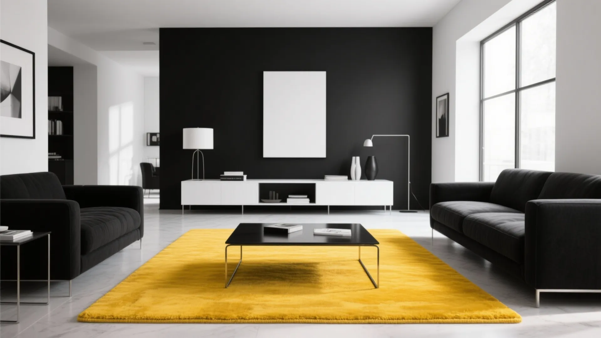 Modern living room with black sofas a yellow rug black wall and a white cabinet