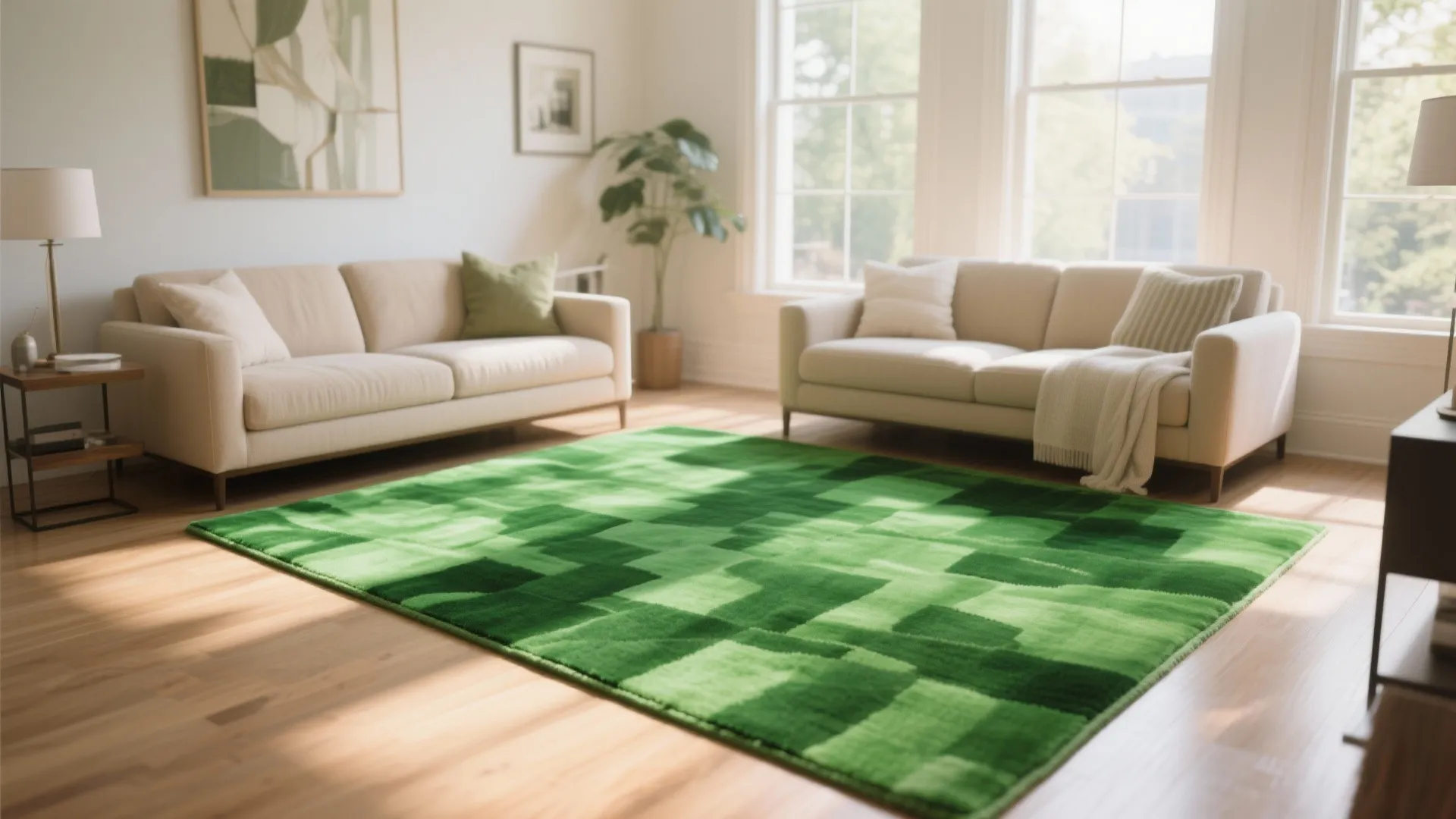 Bright living room with two cream sofas wooden floor and a large vibrant green patterned rug