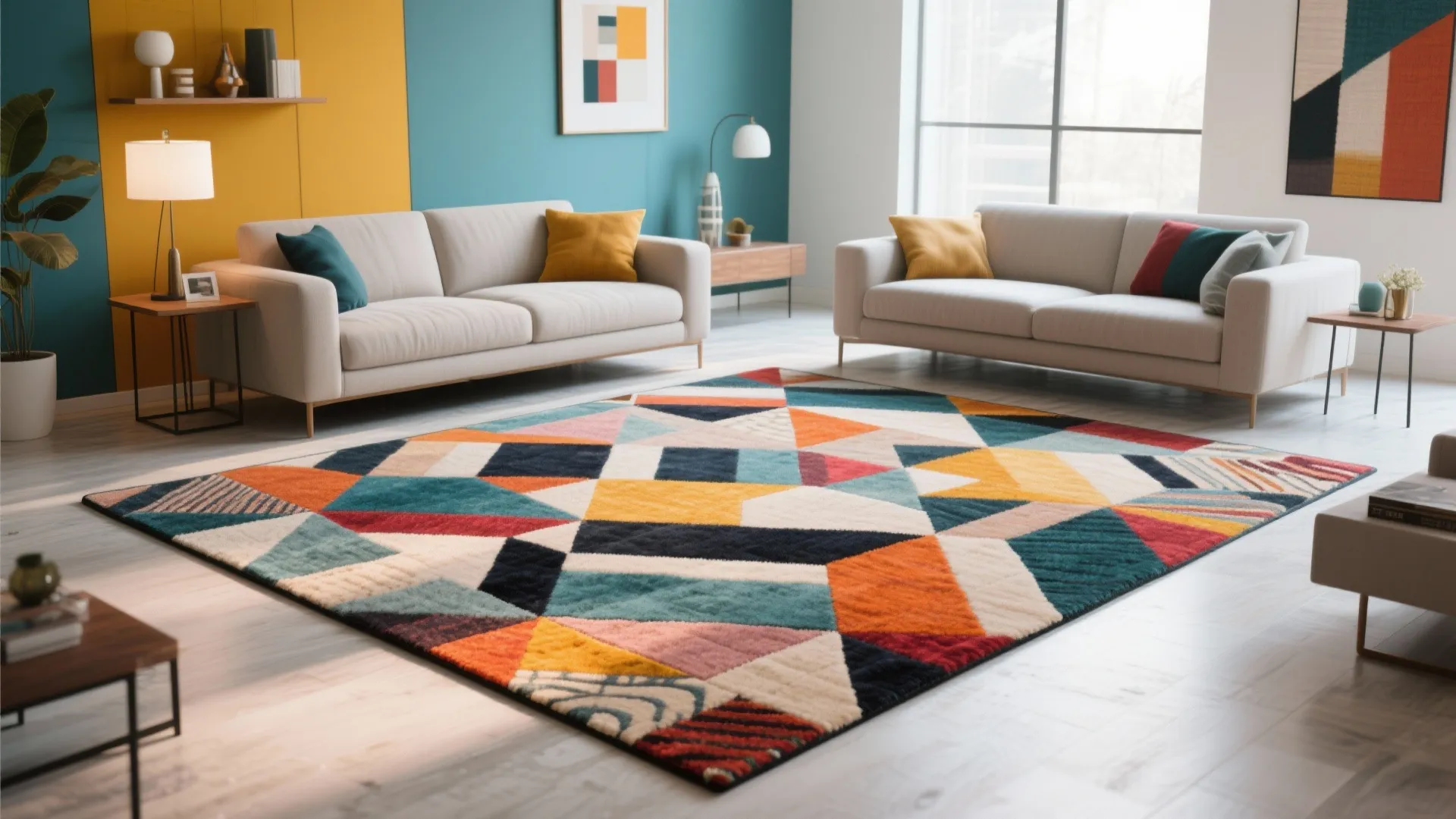 Modern living room featuring a colorful geometric rug with white sofas and bright yellow wall panel